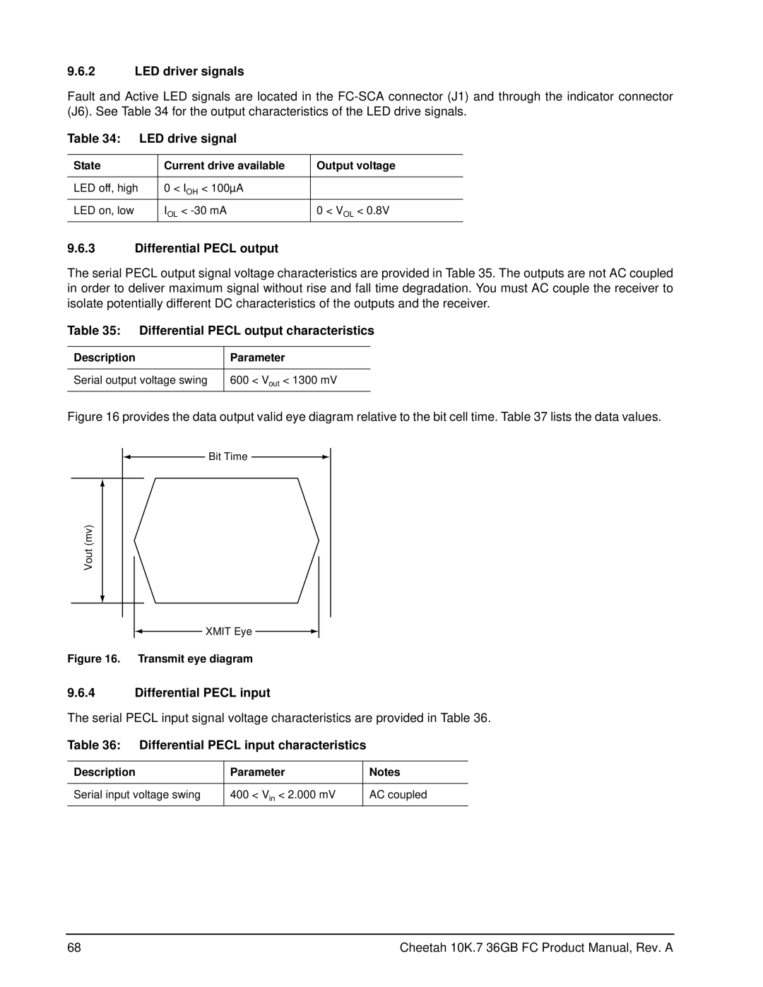 Seagate ST336807FC manual LED driver signals, LED drive signal, Differential Pecl output, Differential Pecl input 