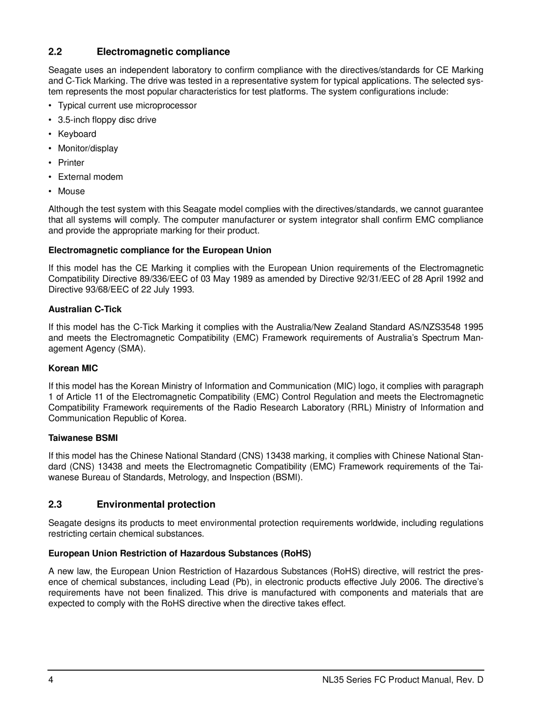 Seagate ST3400071FC, ST3500071FC manual Electromagnetic compliance, Environmental protection 