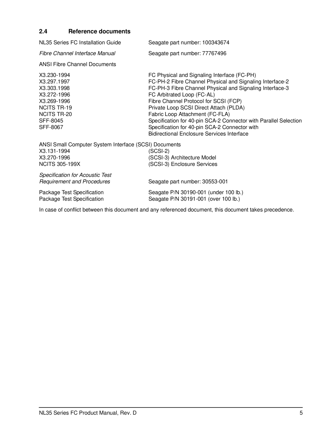 Seagate ST3500071FC, ST3400071FC manual Reference documents, Fibre Channel Interface Manual 