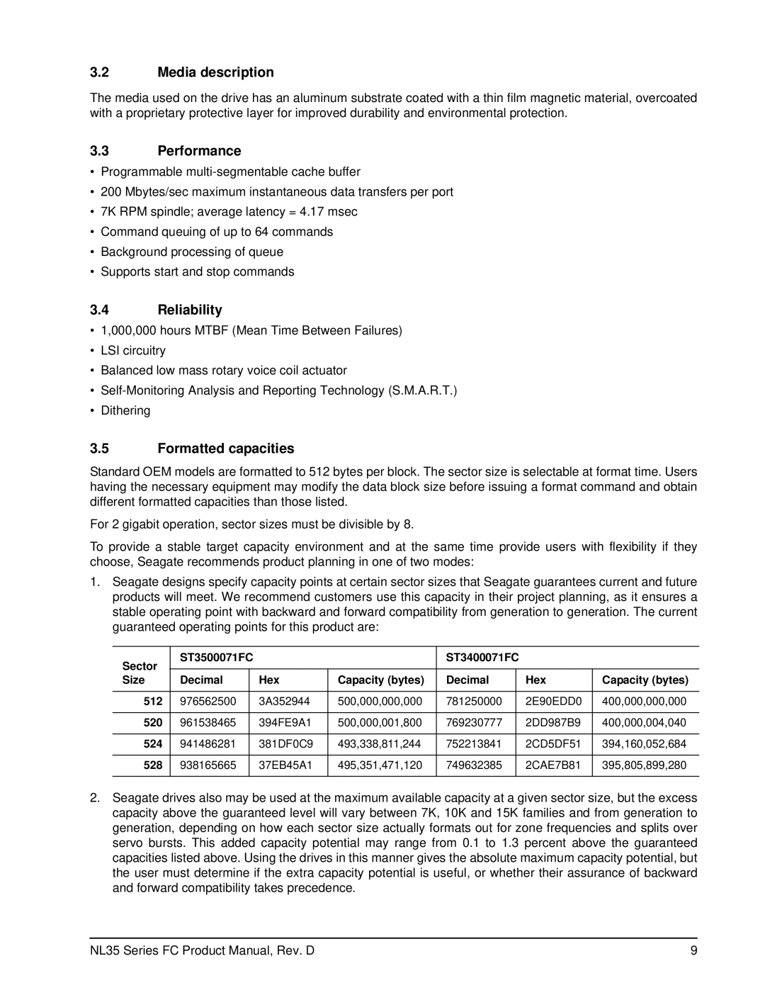 Seagate ST3500071FC, ST3400071FC manual Media description, Performance, Reliability, Formatted capacities 
