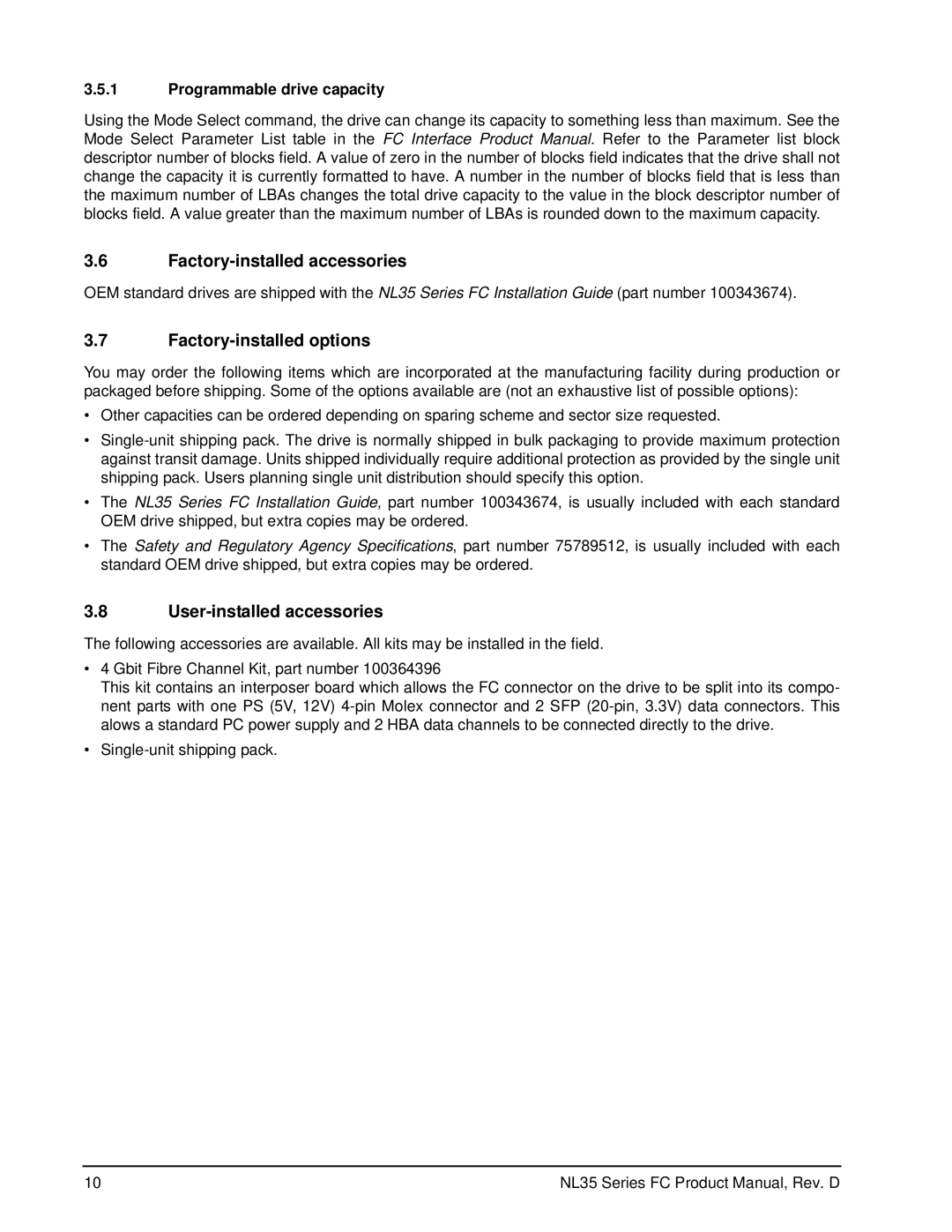 Seagate ST3400071FC, ST3500071FC manual Factory-installed accessories, Factory-installed options, User-installed accessories 