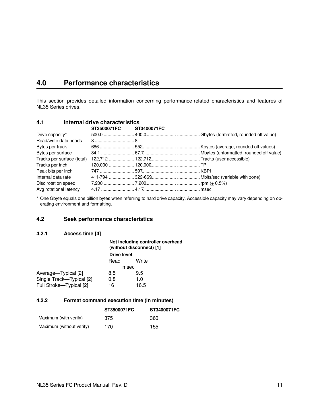 Seagate ST3500071FC manual Performance characteristics, Internal drive characteristics, Seek performance characteristics 