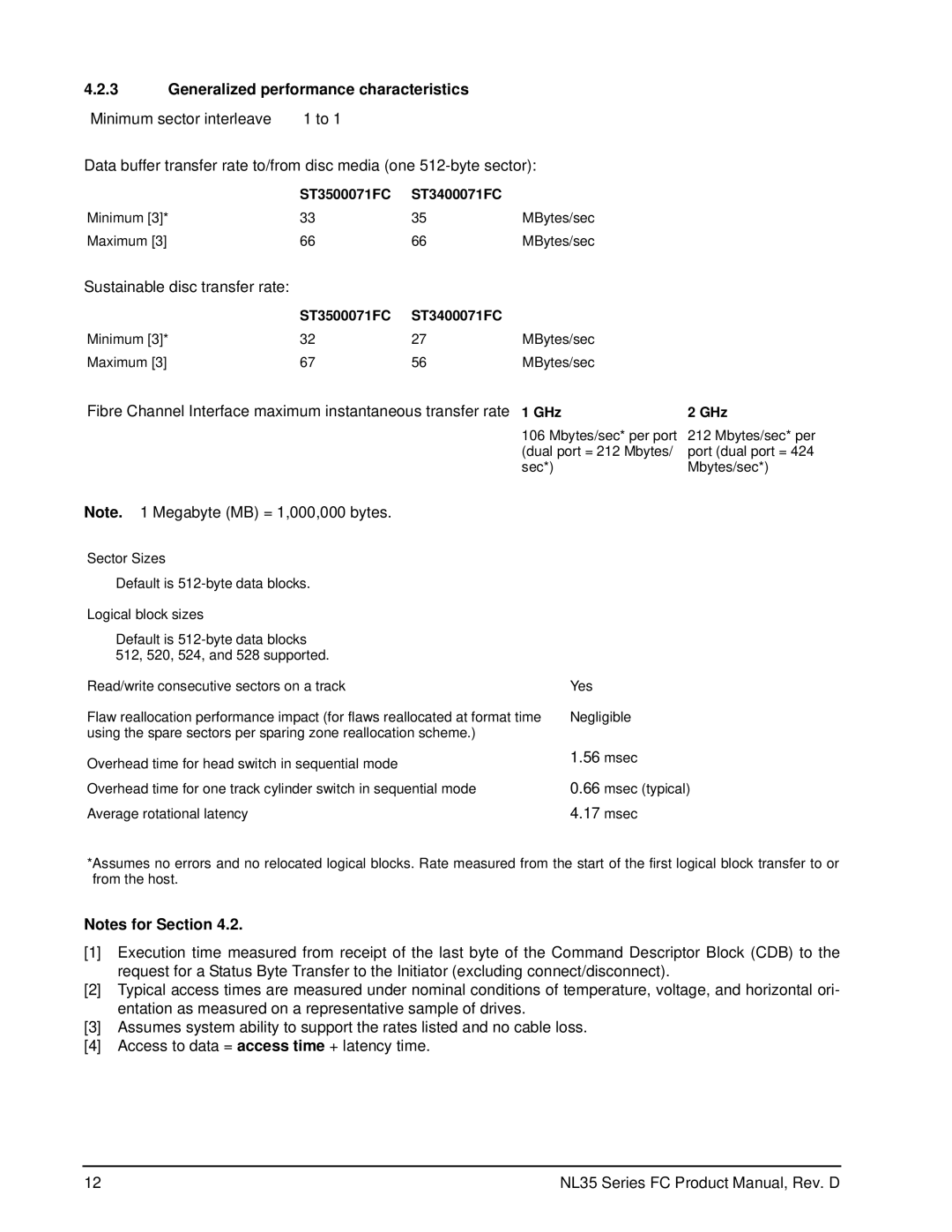 Seagate ST3400071FC, ST3500071FC manual Generalized performance characteristics, GHz 