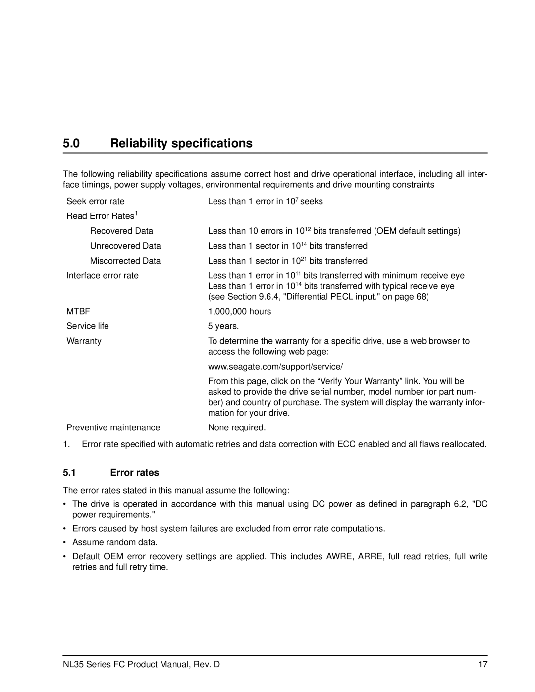 Seagate ST3500071FC, ST3400071FC manual Reliability specifications, Error rates 