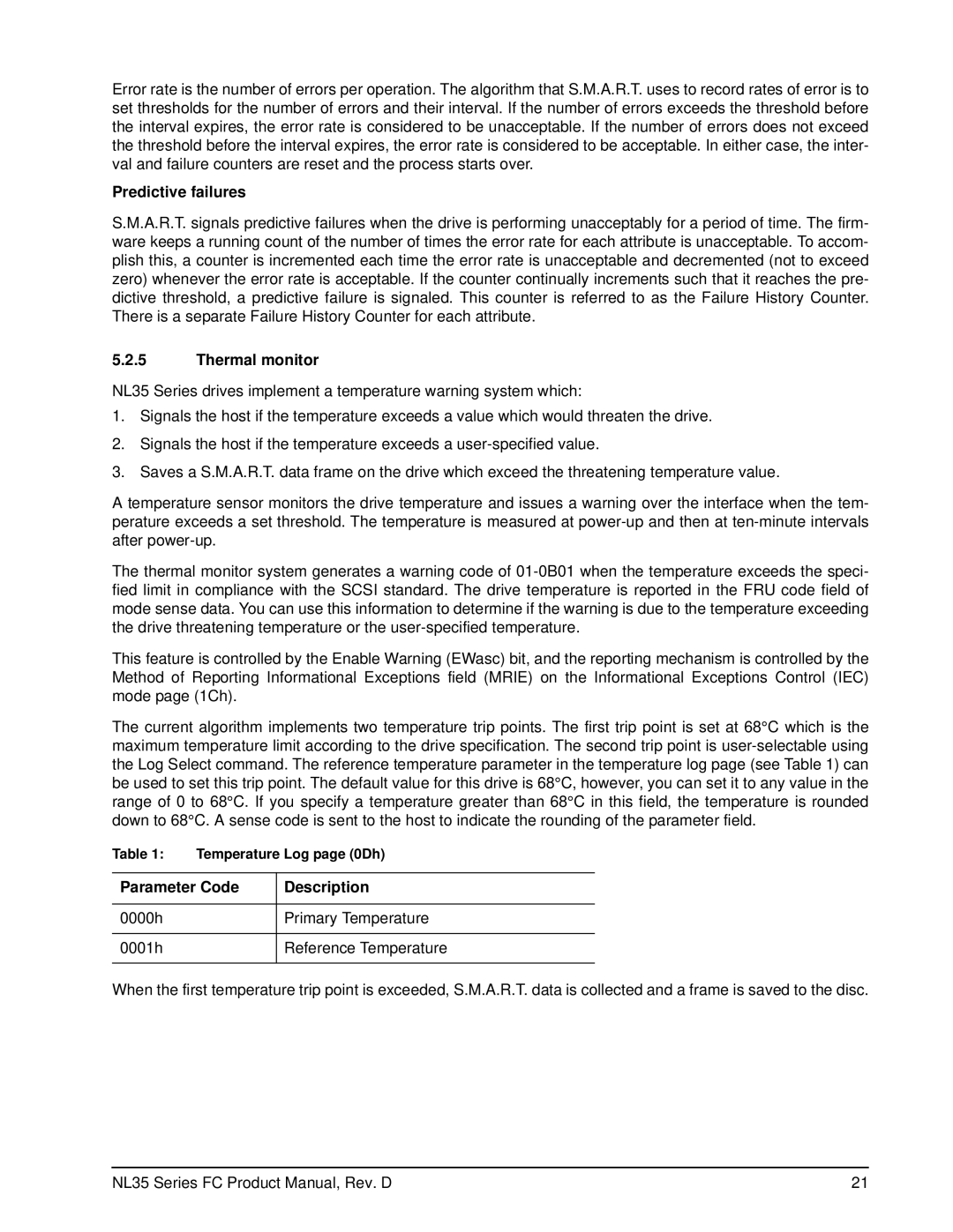 Seagate ST3500071FC manual Predictive failures, Thermal monitor, Parameter Code Description, Temperature Log page 0Dh 