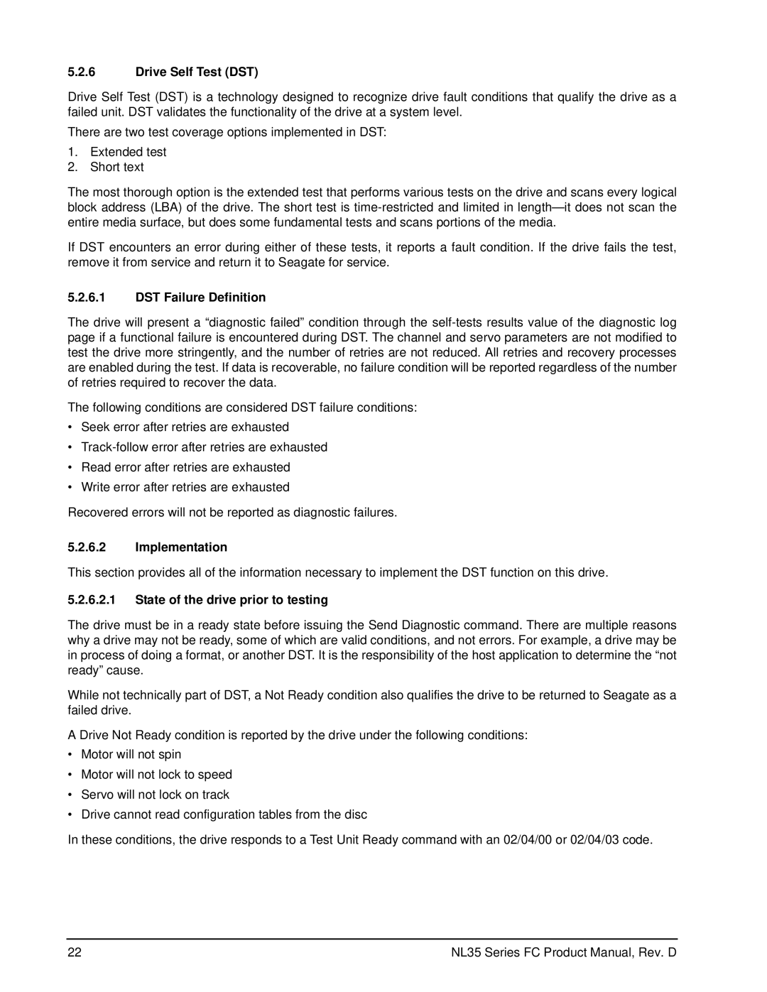 Seagate ST3400071FC manual Drive Self Test DST, DST Failure Definition, Implementation, State of the drive prior to testing 