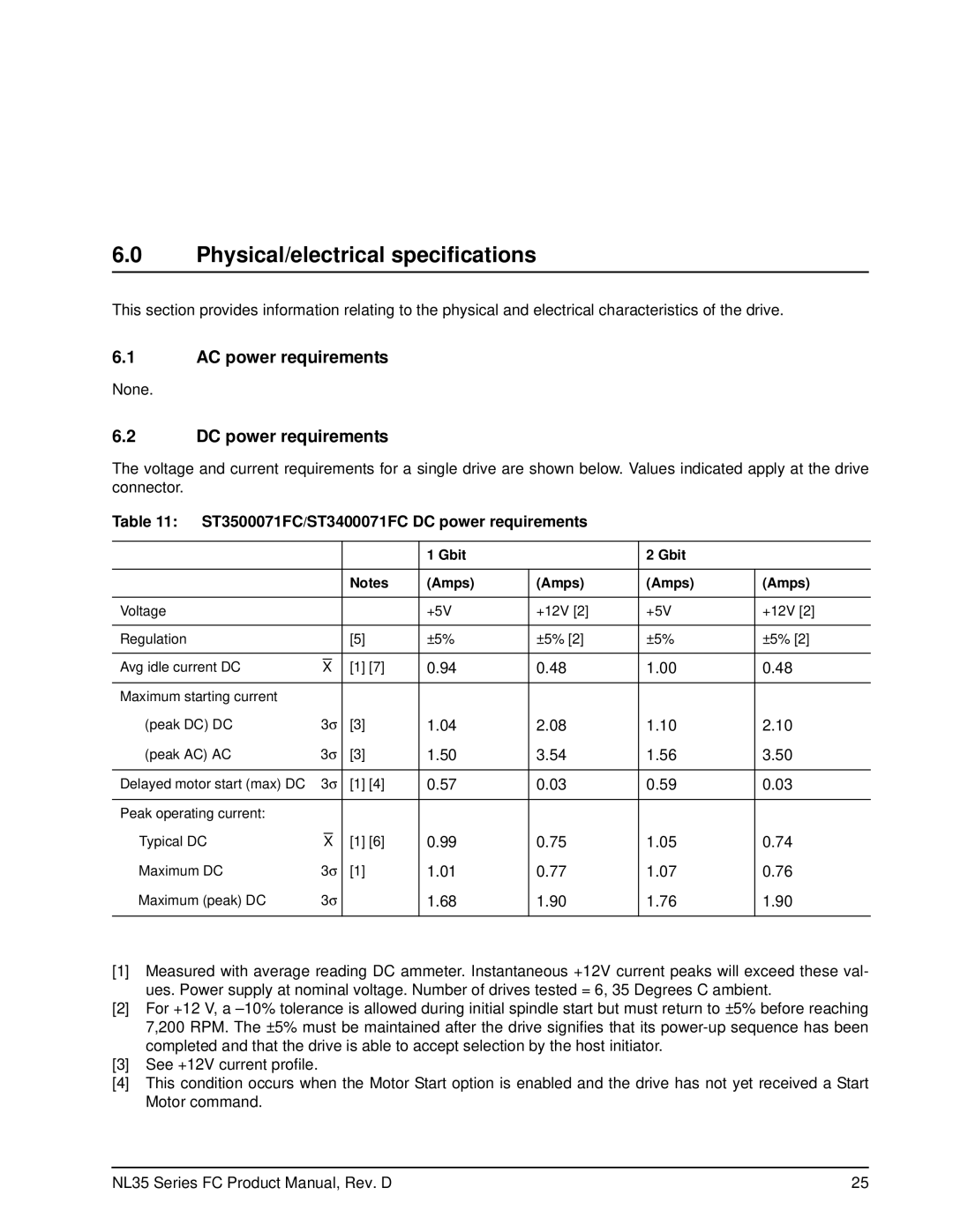 Seagate ST3500071FC manual Physical/electrical specifications, AC power requirements, DC power requirements, Gbit Amps 