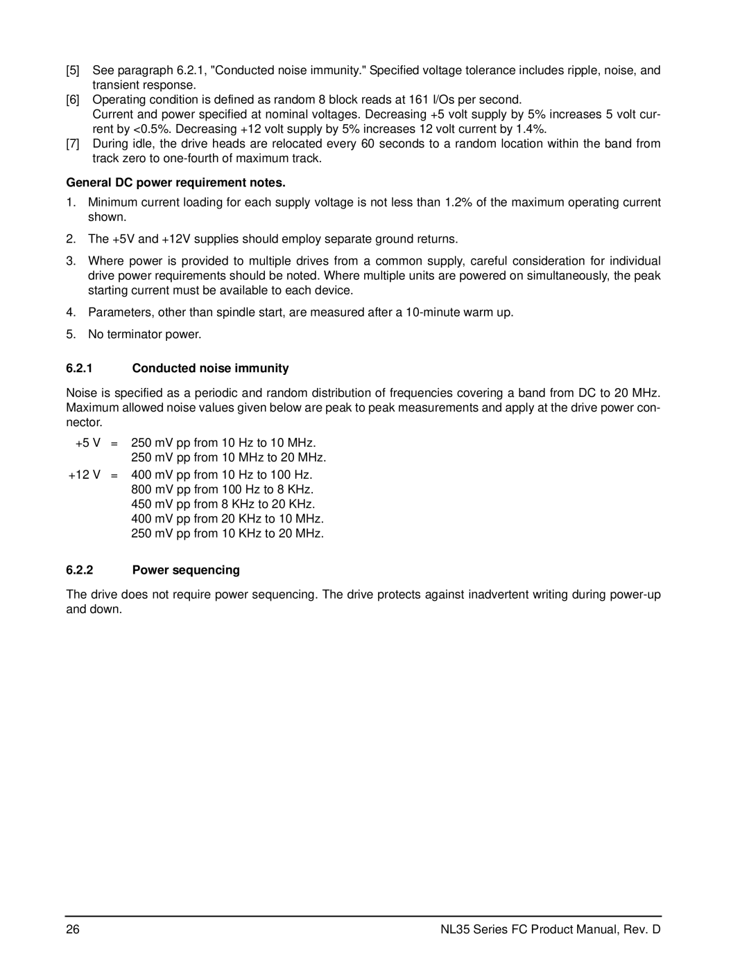 Seagate ST3400071FC, ST3500071FC manual General DC power requirement notes, Conducted noise immunity, Power sequencing 