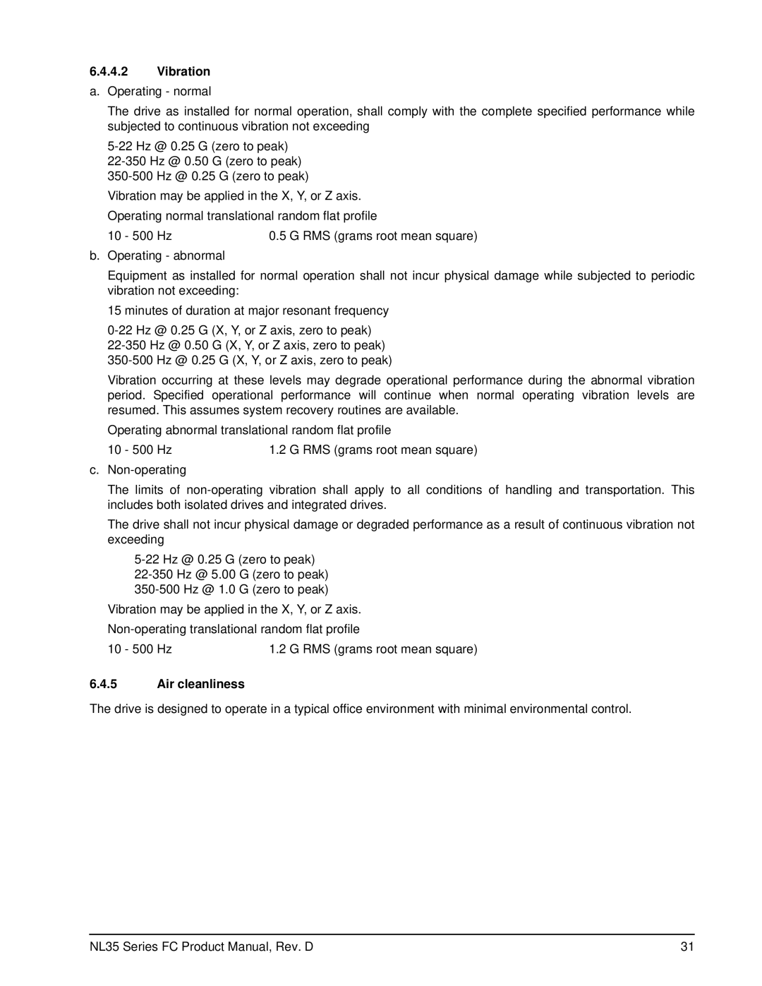 Seagate ST3500071FC, ST3400071FC manual Vibration, Air cleanliness 
