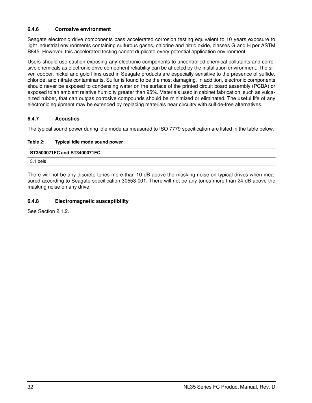 Seagate manual Corrosive environment, Acoustics, Typical idle mode sound power ST3500071FC and ST3400071FC 