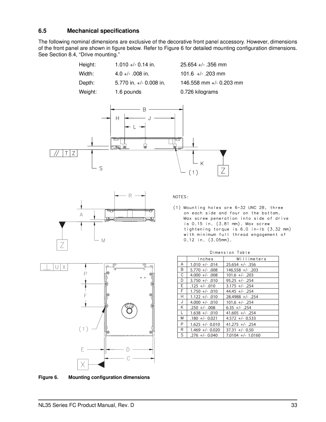 Seagate ST3500071FC, ST3400071FC manual Mechanical specifications, Mounting configuration dimensions 