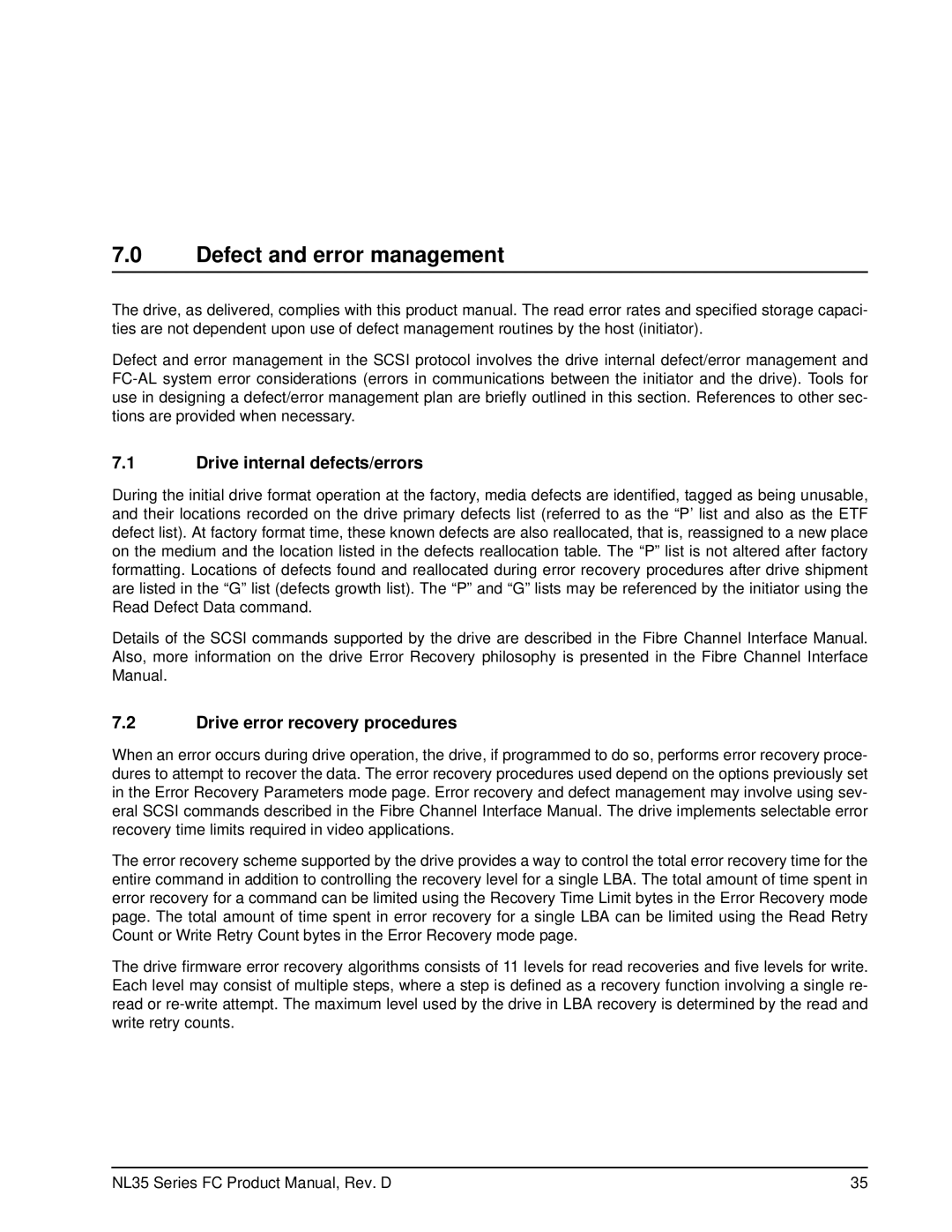 Seagate ST3500071FC manual Defect and error management, Drive internal defects/errors, Drive error recovery procedures 