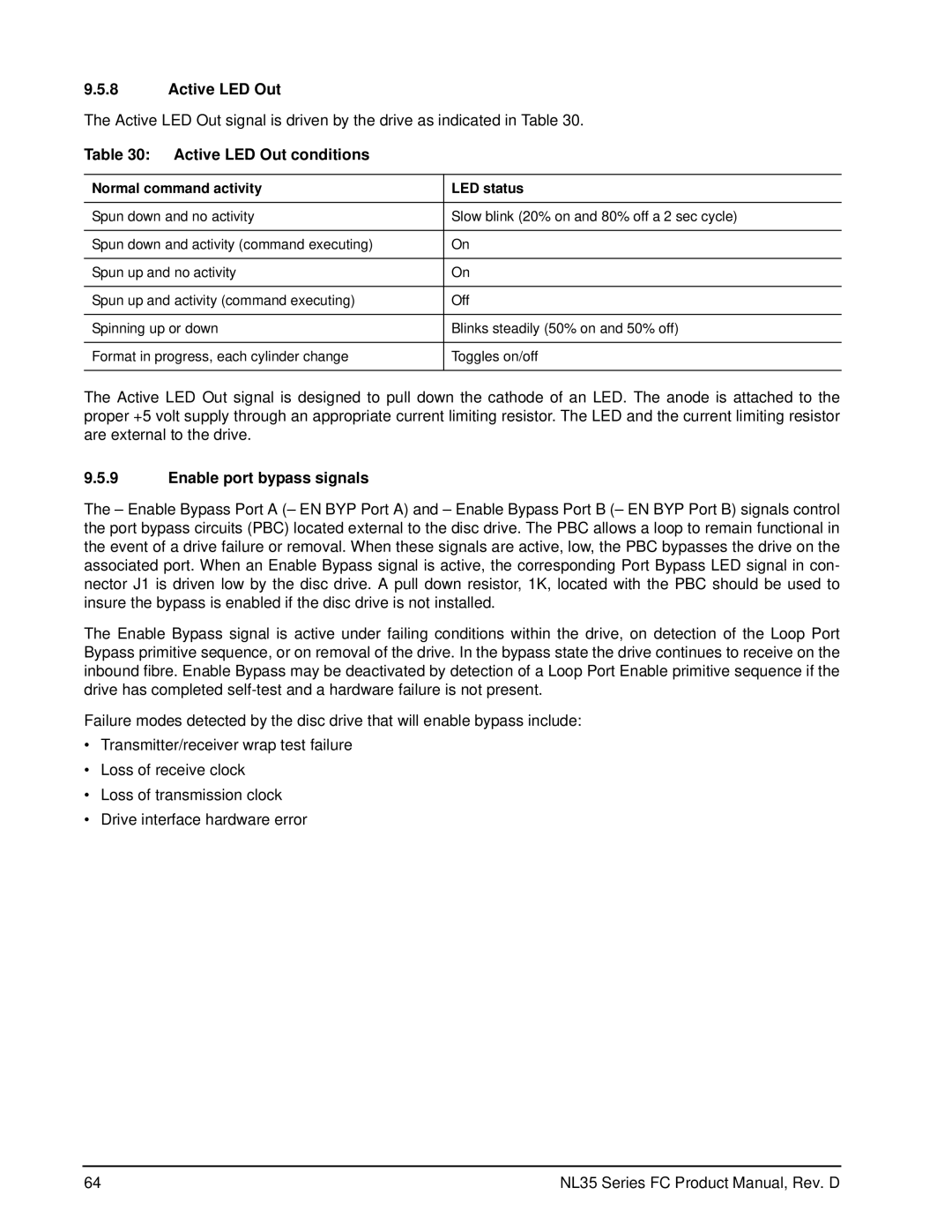 Seagate ST3400071FC manual Active LED Out conditions, Enable port bypass signals, Normal command activity LED status 