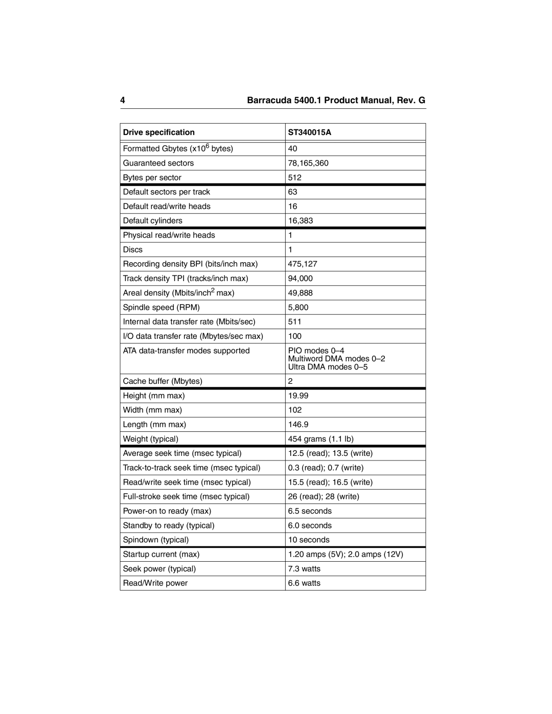 Seagate manual Drive specification ST340015A 