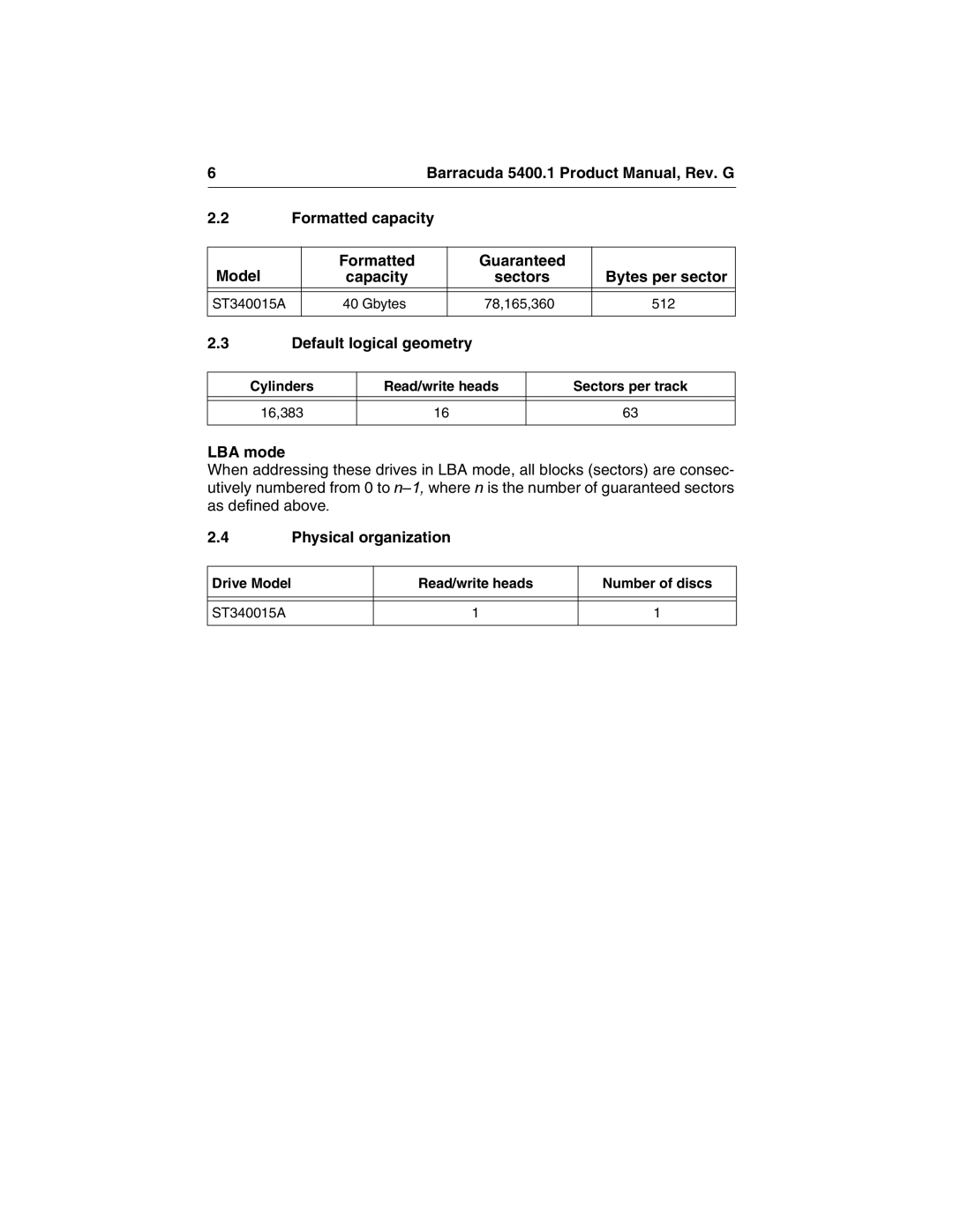 Seagate ST340015A manual Default logical geometry, LBA mode, Physical organization 