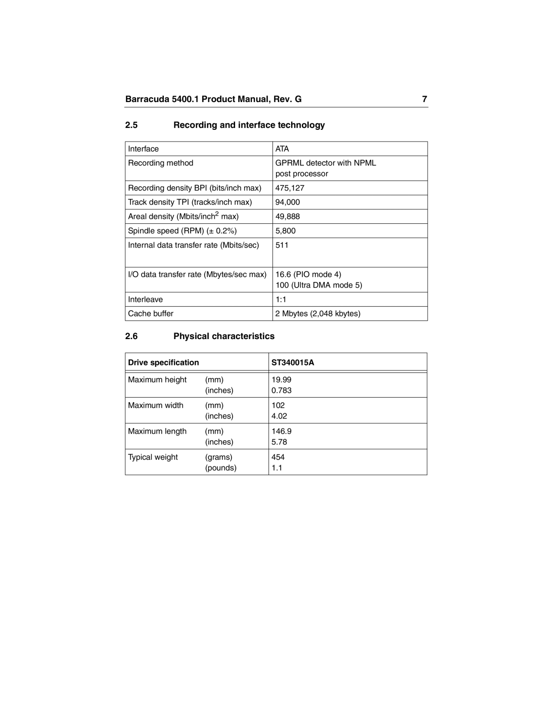 Seagate ST340015A manual Physical characteristics, Ata 