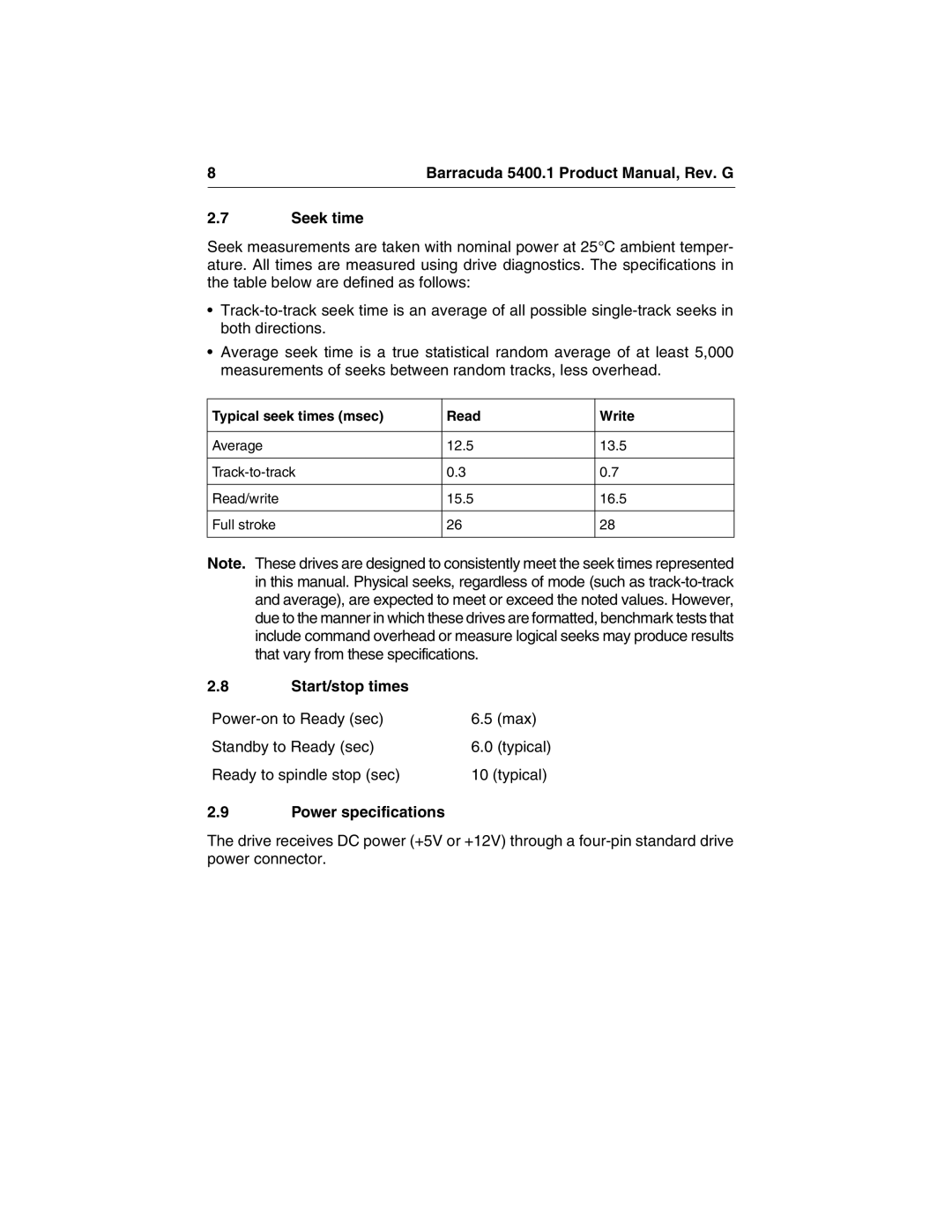 Seagate ST340015A manual Seek time, Start/stop times, Power specifications, Typical seek times msec Read Write 