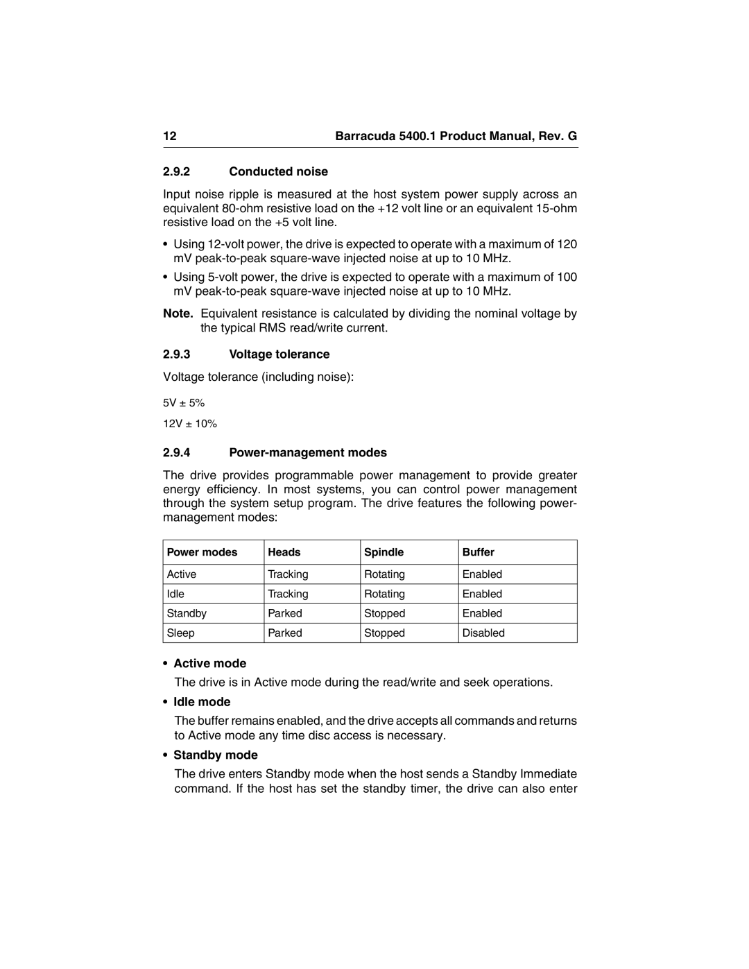 Seagate ST340015A manual Conducted noise, Voltage tolerance, Power-management modes, Active mode, Idle mode 