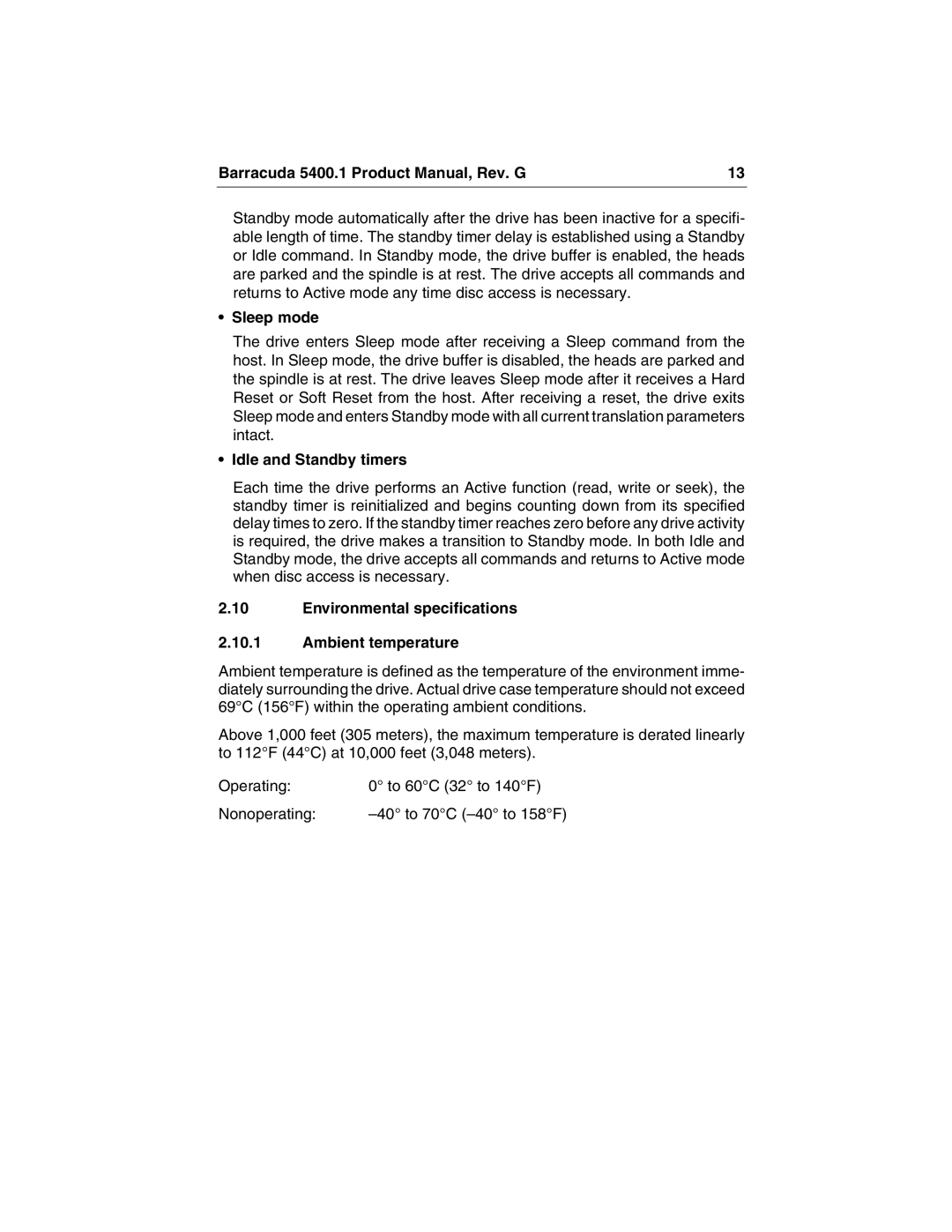 Seagate ST340015A manual Sleep mode, Idle and Standby timers, Environmental specifications Ambient temperature 