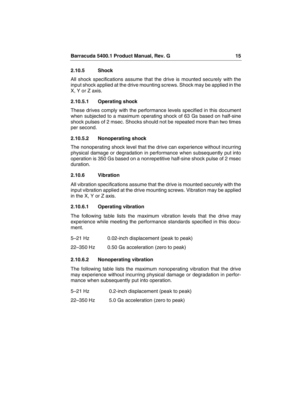 Seagate ST340015A manual Barracuda 5400.1 Product Manual, Rev. G Shock, Operating shock, Nonoperating shock, Vibration 