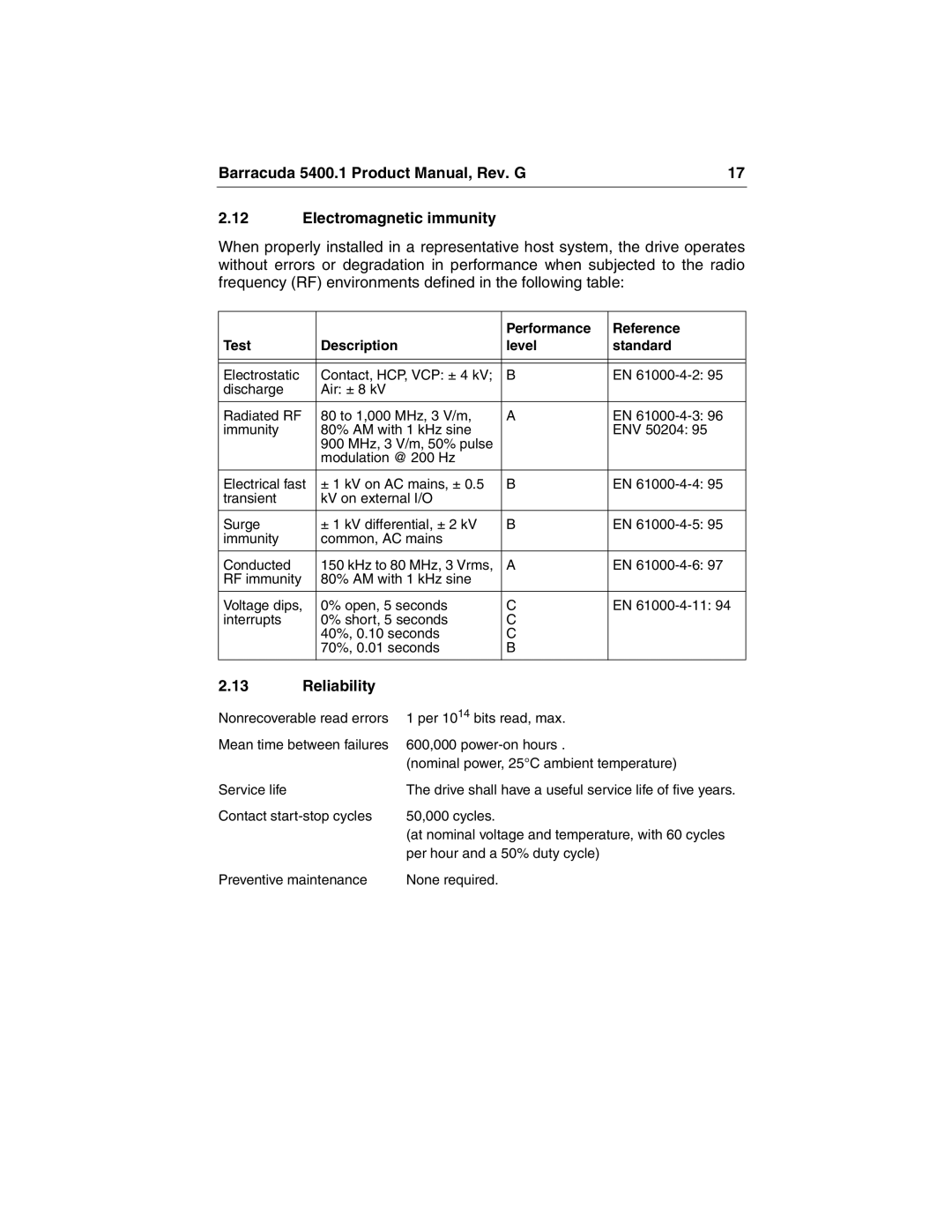 Seagate ST340015A manual Reliability, Performance Reference Test Description Level Standard 