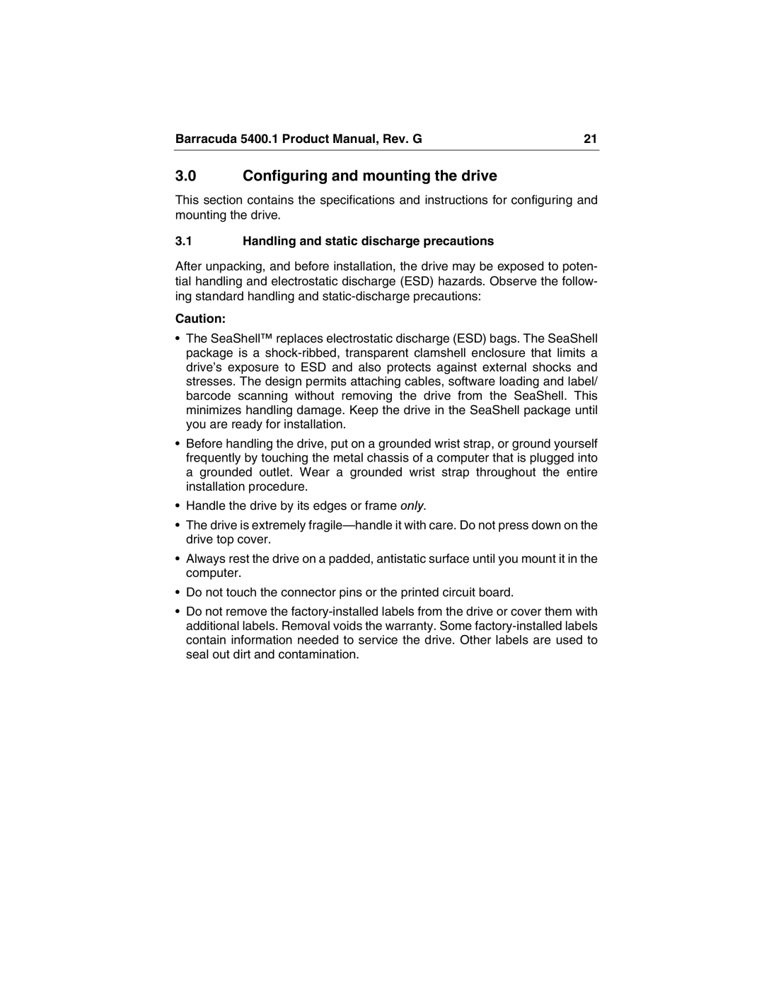 Seagate ST340015A manual Configuring and mounting the drive, Handling and static discharge precautions 