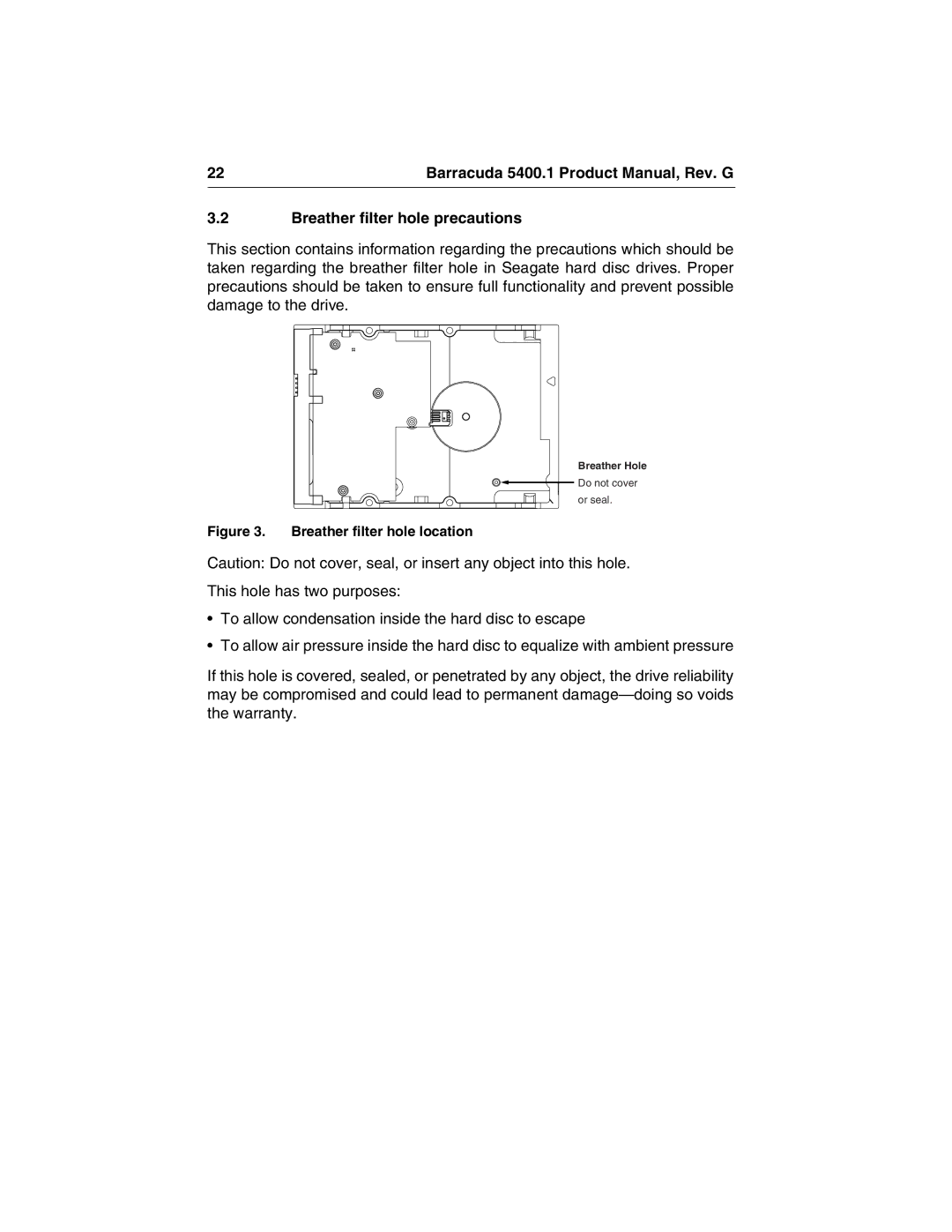Seagate ST340015A manual Breather filter hole precautions, Breather filter hole location 
