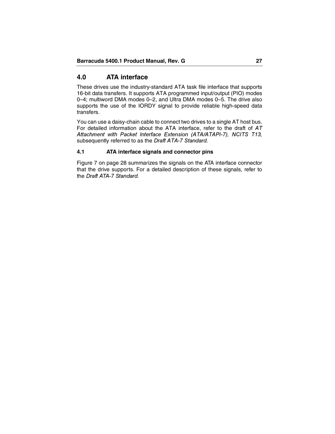 Seagate ST340015A manual ATA interface signals and connector pins 