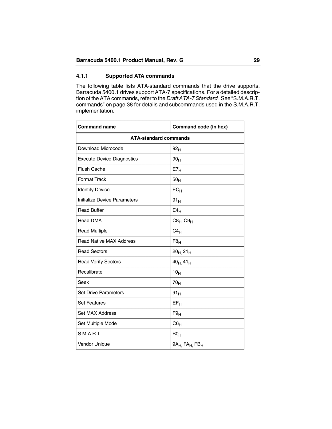 Seagate ST340015A manual Command name Command code in hex ATA-standard commands, Ec H 