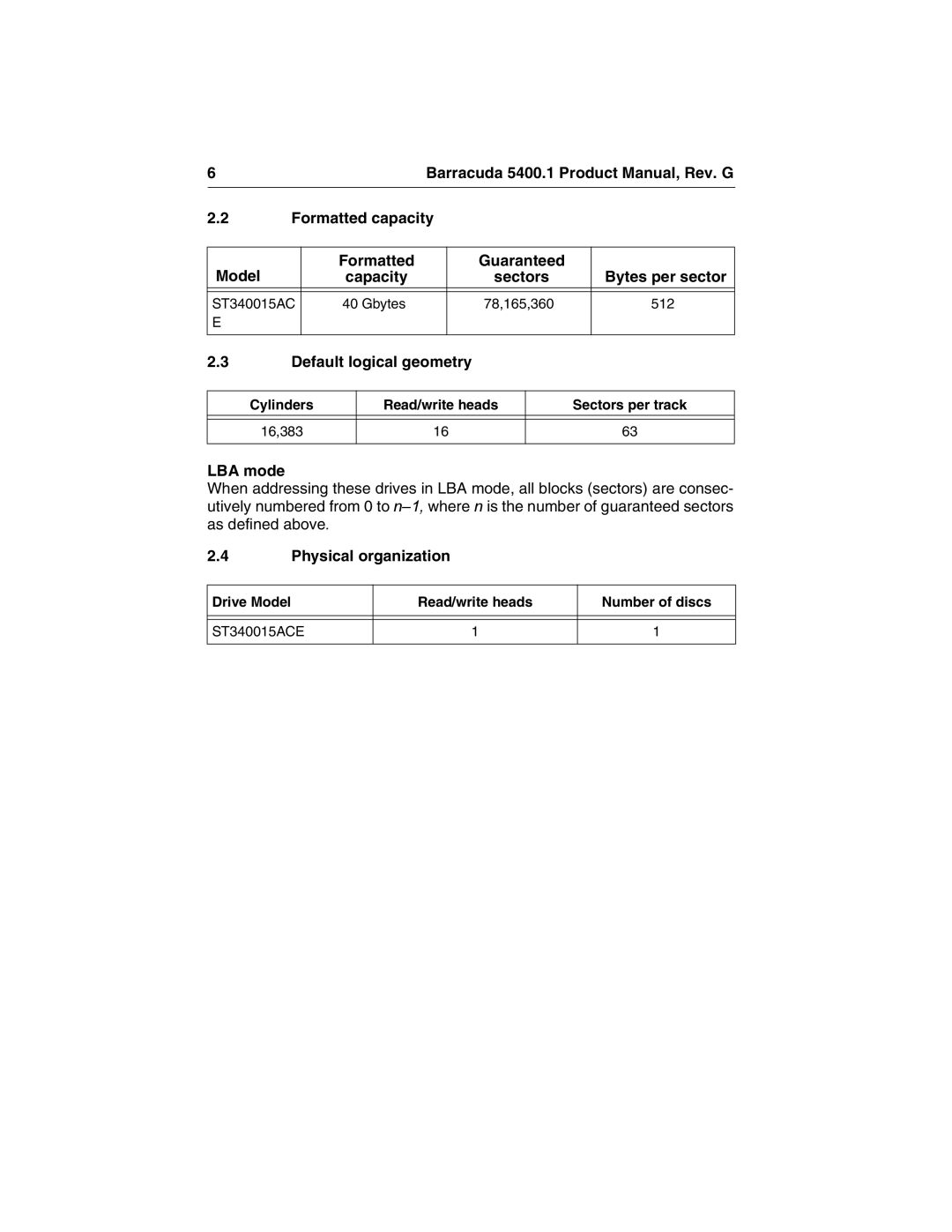 Seagate ST340015ACE manual Default logical geometry, LBA mode, Physical organization 