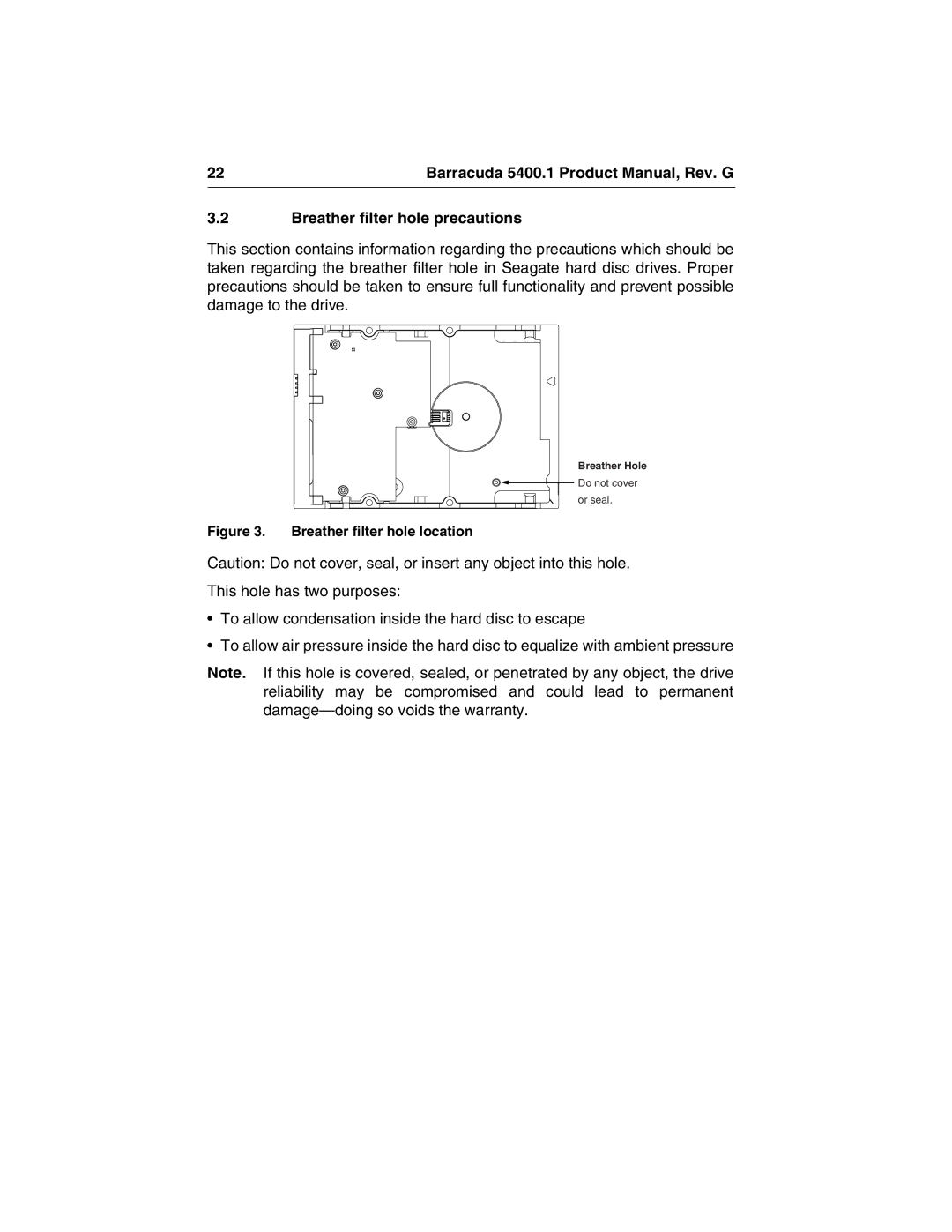 Seagate ST340015ACE manual Breather filter hole precautions, Breather filter hole location 