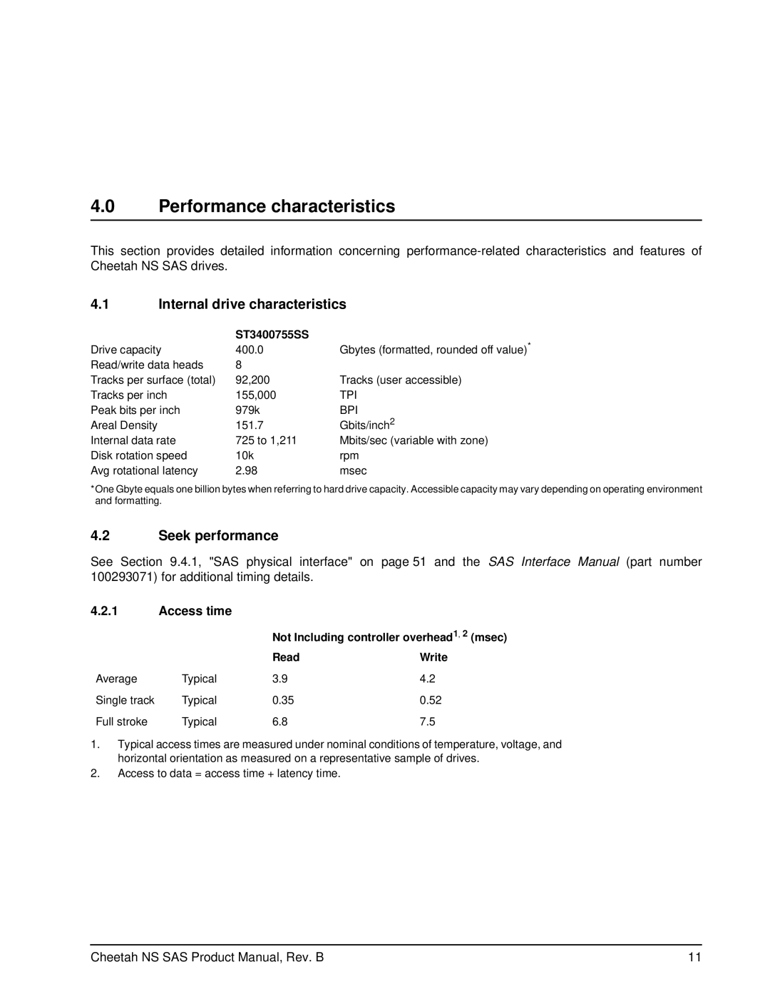 Seagate ST3400755SS manual Performance characteristics, Internal drive characteristics, Seek performance, Access time 