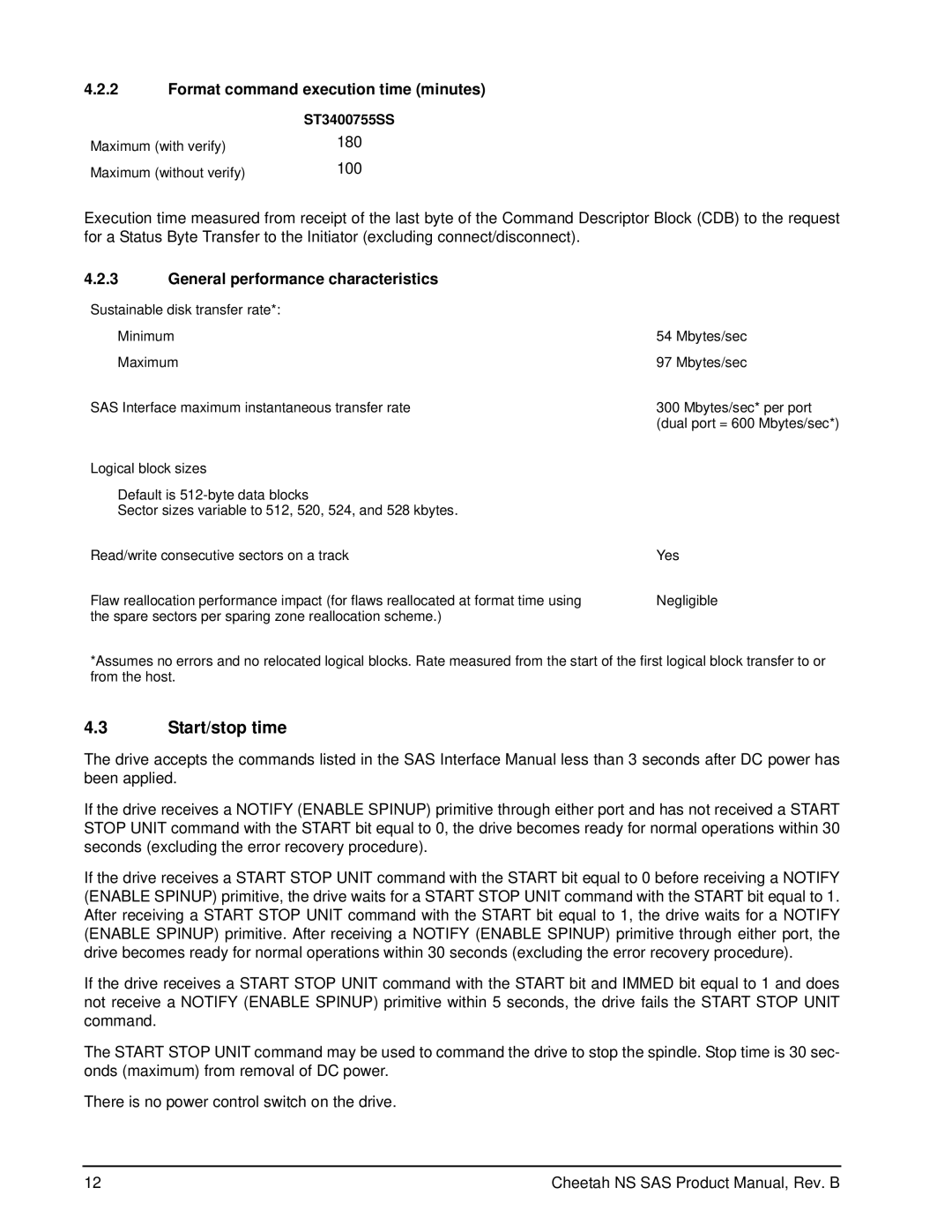 Seagate ST3400755SS manual Start/stop time, Format command execution time minutes, General performance characteristics 