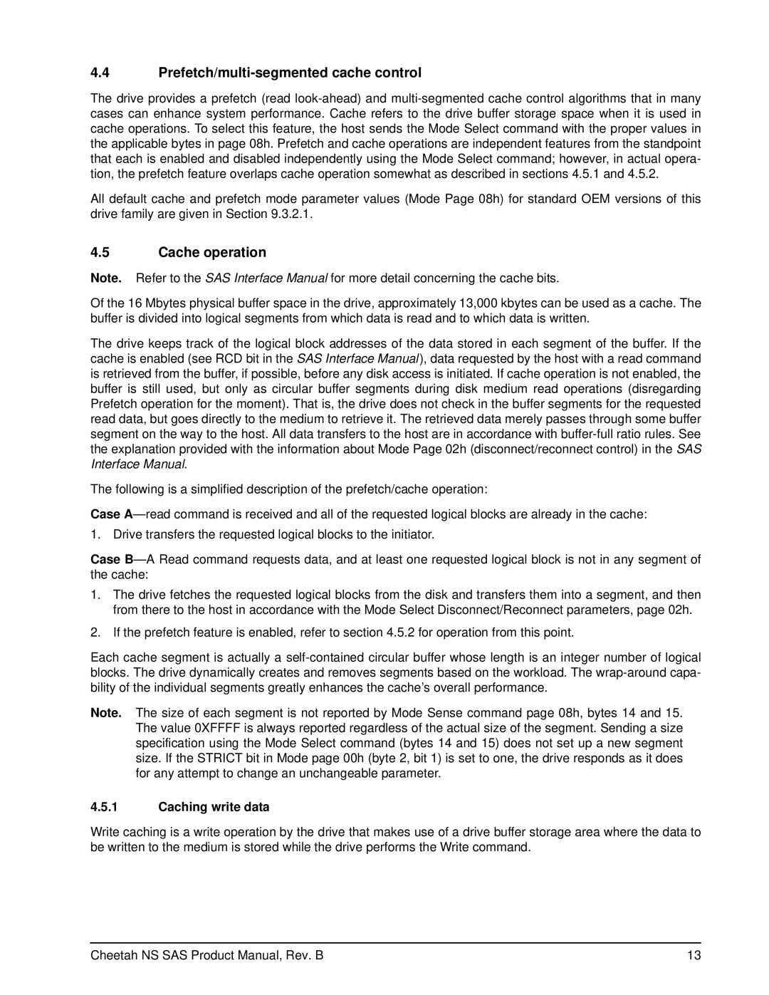 Seagate ST3400755SS manual Prefetch/multi-segmented cache control, Cache operation, Caching write data 