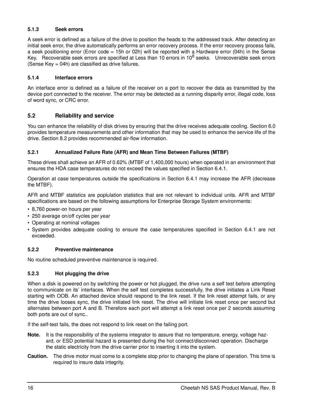 Seagate ST3400755SS Reliability and service, Seek errors, Interface errors, Preventive maintenance, Hot plugging the drive 