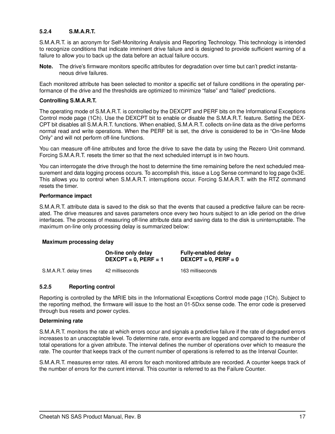 Seagate ST3400755SS manual 4 S.M.A.R.T, Controlling S.M.A.R.T, Performance impact, Reporting control, Determining rate 