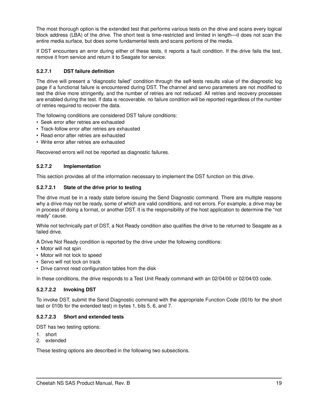 Seagate ST3400755SS manual DST failure definition, Implementation, State of the drive prior to testing, Invoking DST 