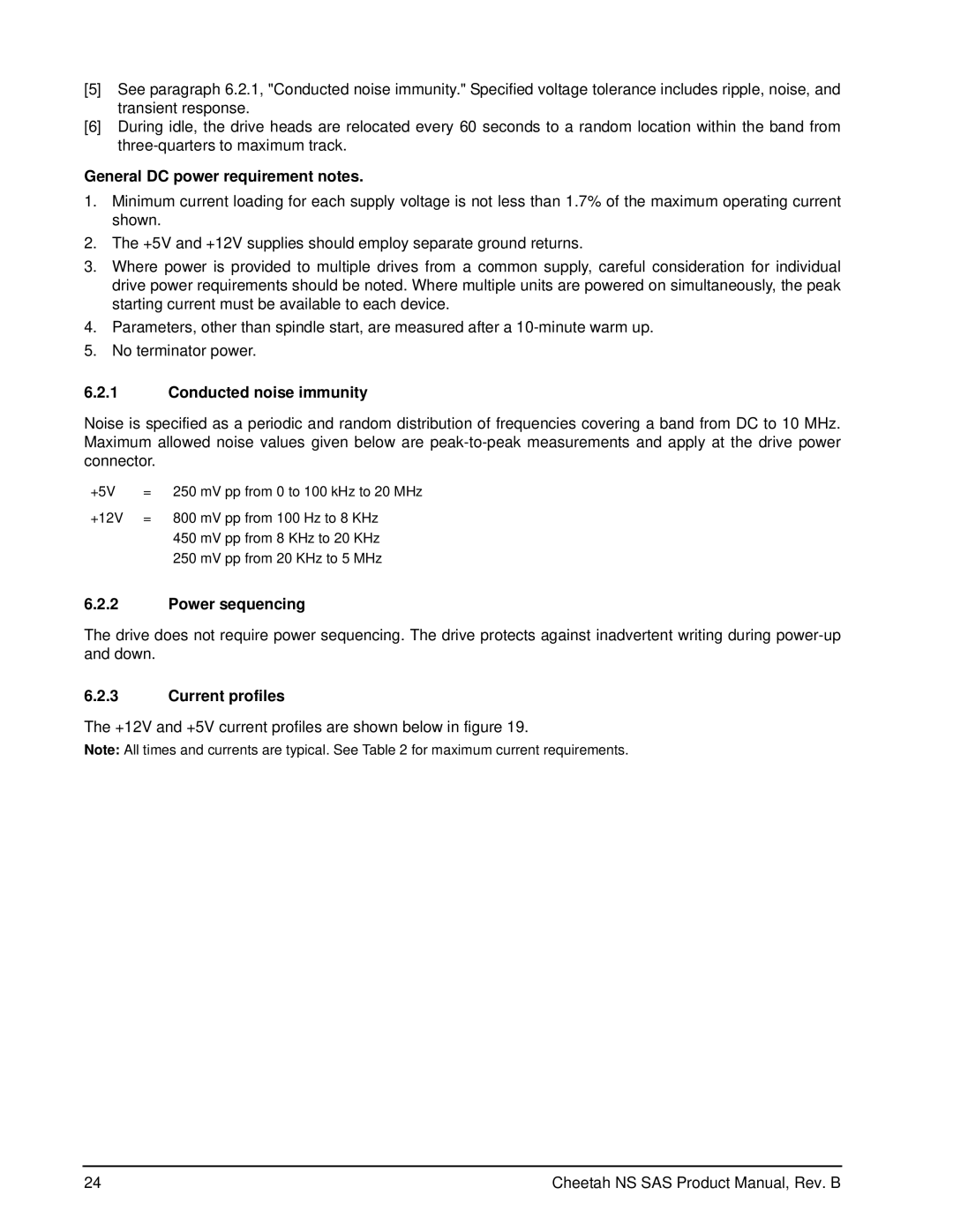 Seagate ST3400755SS manual General DC power requirement notes, Conducted noise immunity, Power sequencing, Current profiles 