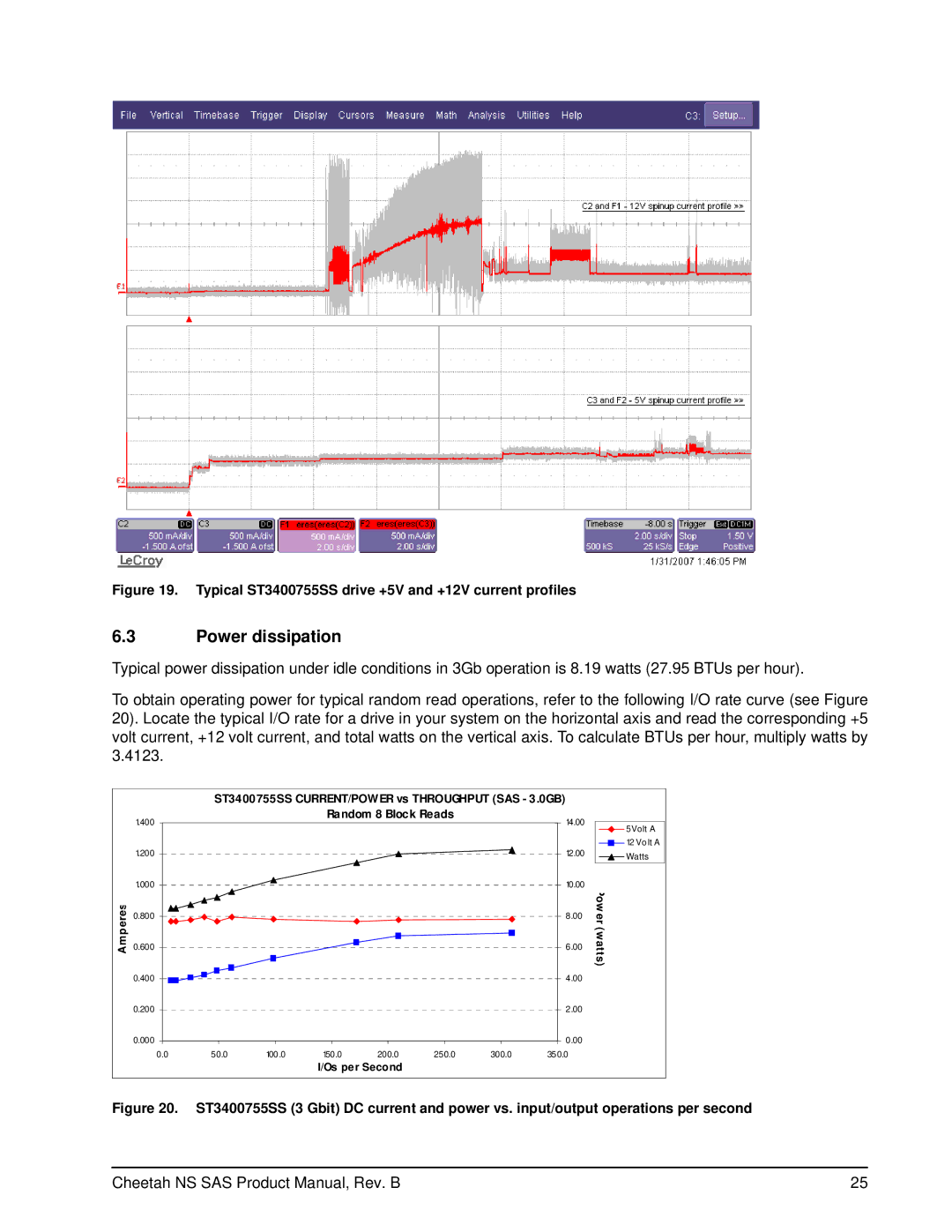 Seagate manual Power dissipation, Typical ST3400755SS drive +5V and +12V current profiles 