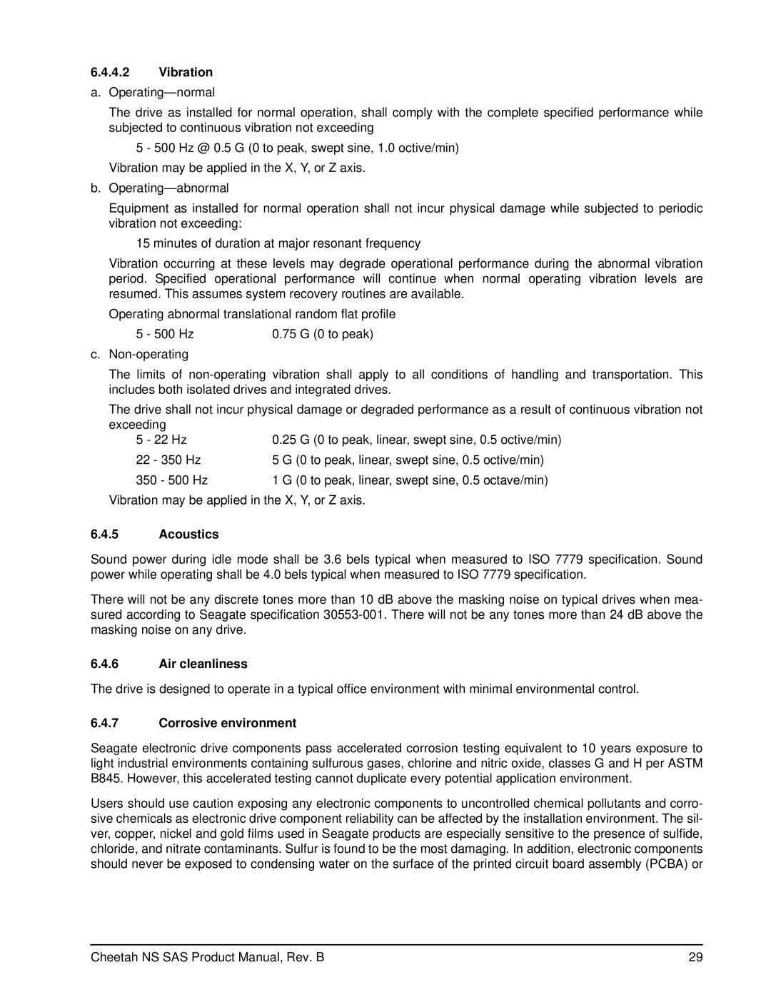 Seagate ST3400755SS manual Vibration, Acoustics, Air cleanliness, Corrosive environment 