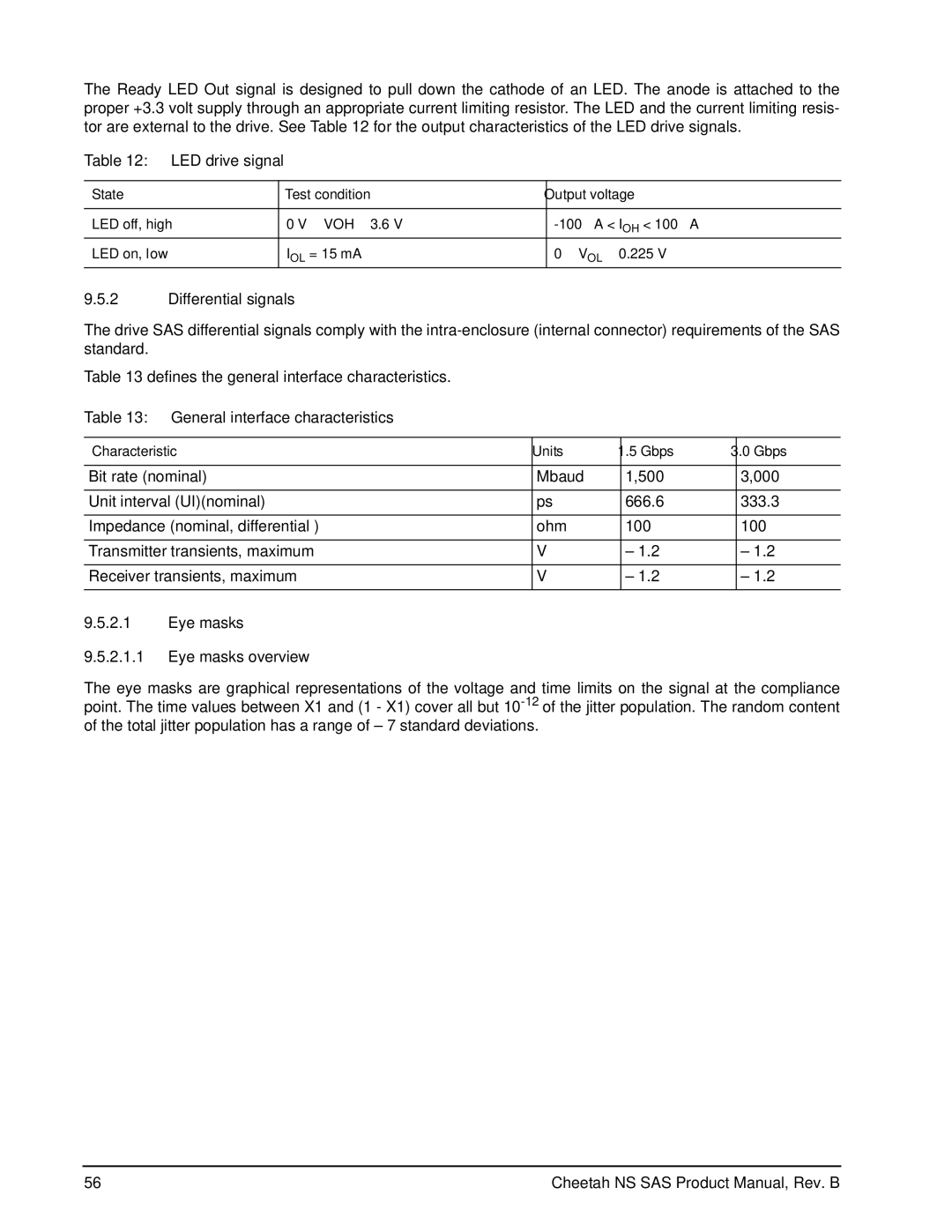 Seagate ST3400755SS manual LED drive signal, Differential signals, General interface characteristics 