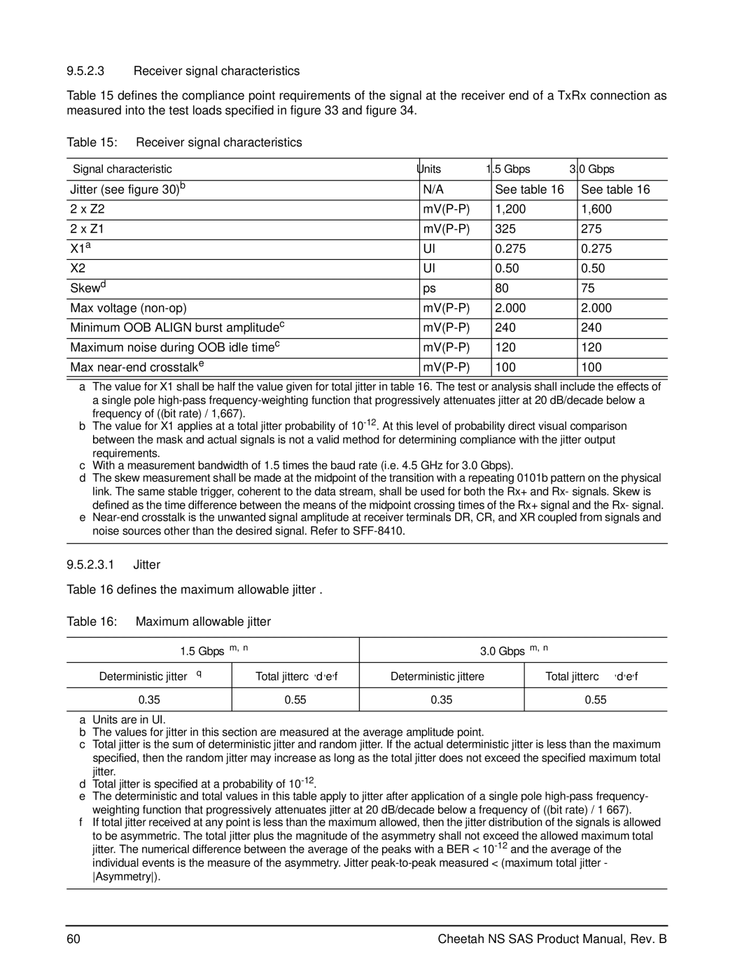 Seagate ST3400755SS manual Receiver signal characteristics, Maximum allowable jitter, Signal characteristic Units Gbps 