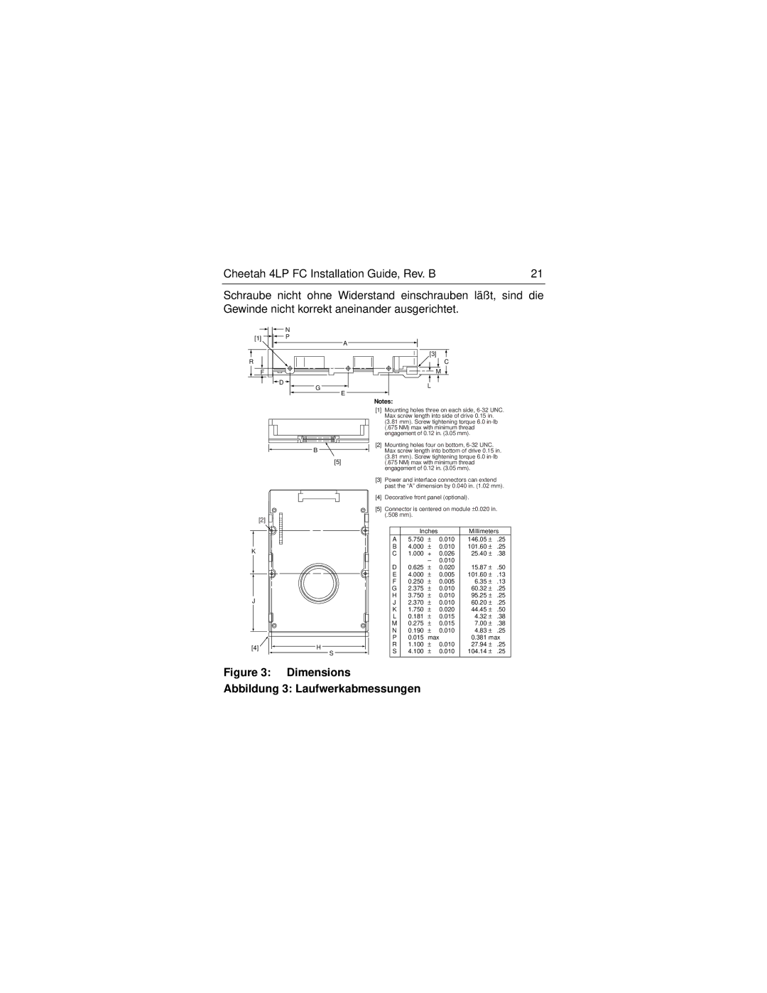 Seagate ST34501FC manual Dimensions Abbildung 3 Laufwerkabmessungen 