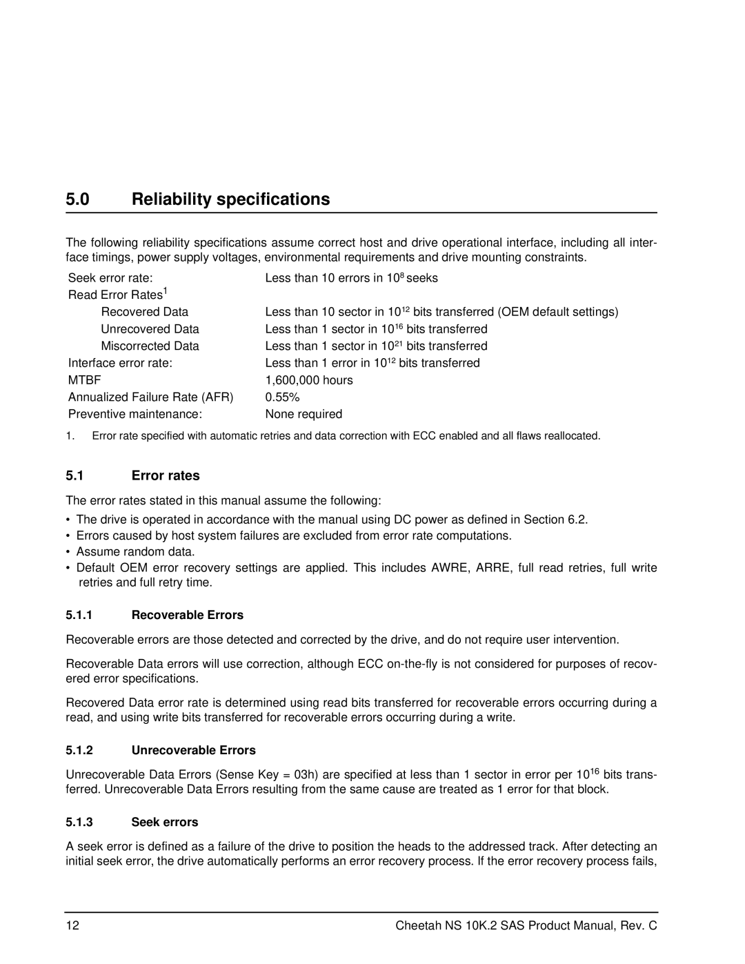 Seagate ST3450802SS manual Reliability specifications, Error rates, Recoverable Errors, Unrecoverable Errors, Seek errors 