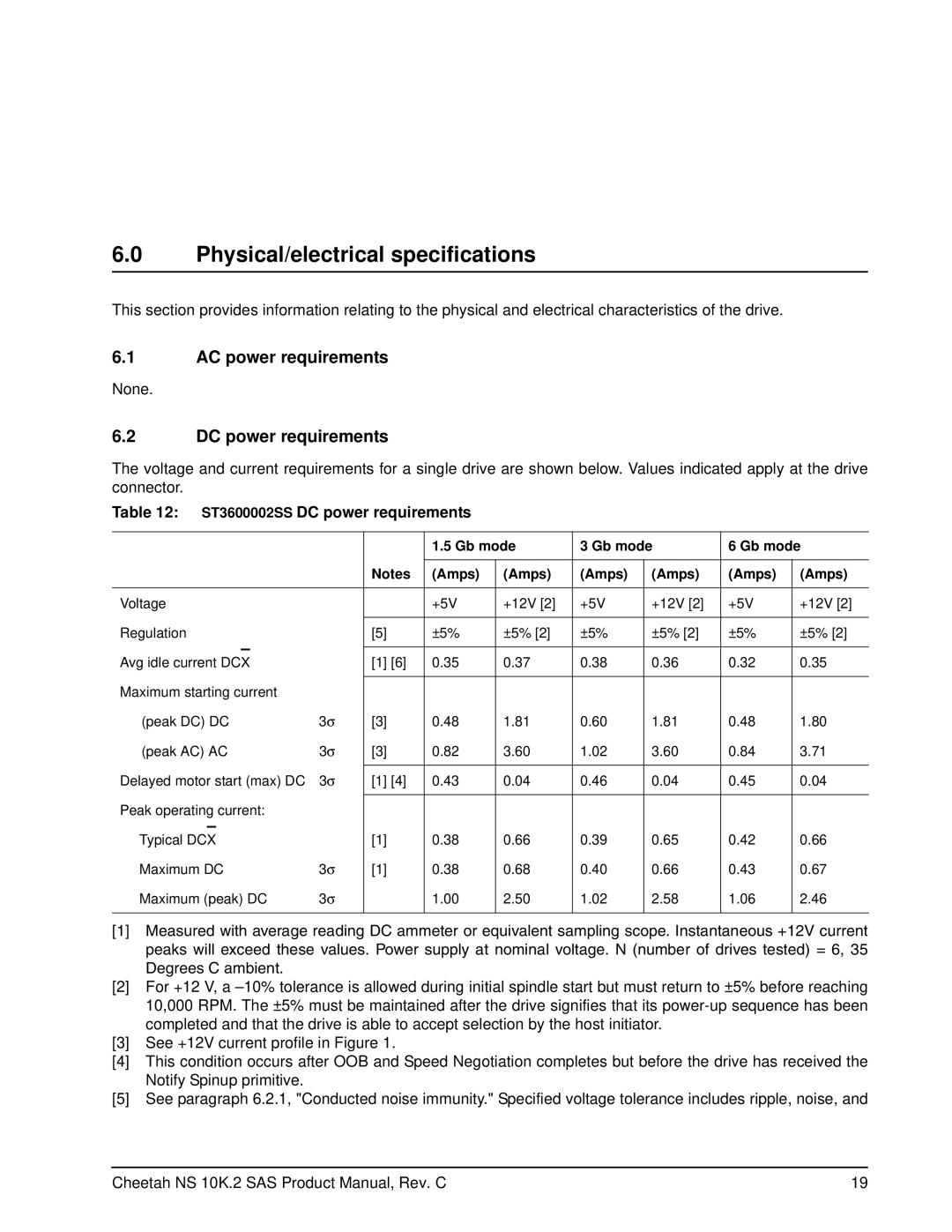 Seagate ST3600002SS manual Physical/electrical specifications, AC power requirements, DC power requirements, Gb mode Amps 