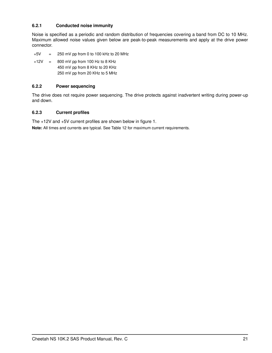 Seagate ST3600002SS, ST3450802SS manual Conducted noise immunity, Power sequencing, Current profiles 