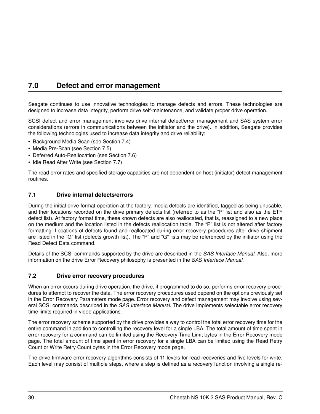 Seagate ST3450802SS manual Defect and error management, Drive internal defects/errors, Drive error recovery procedures 