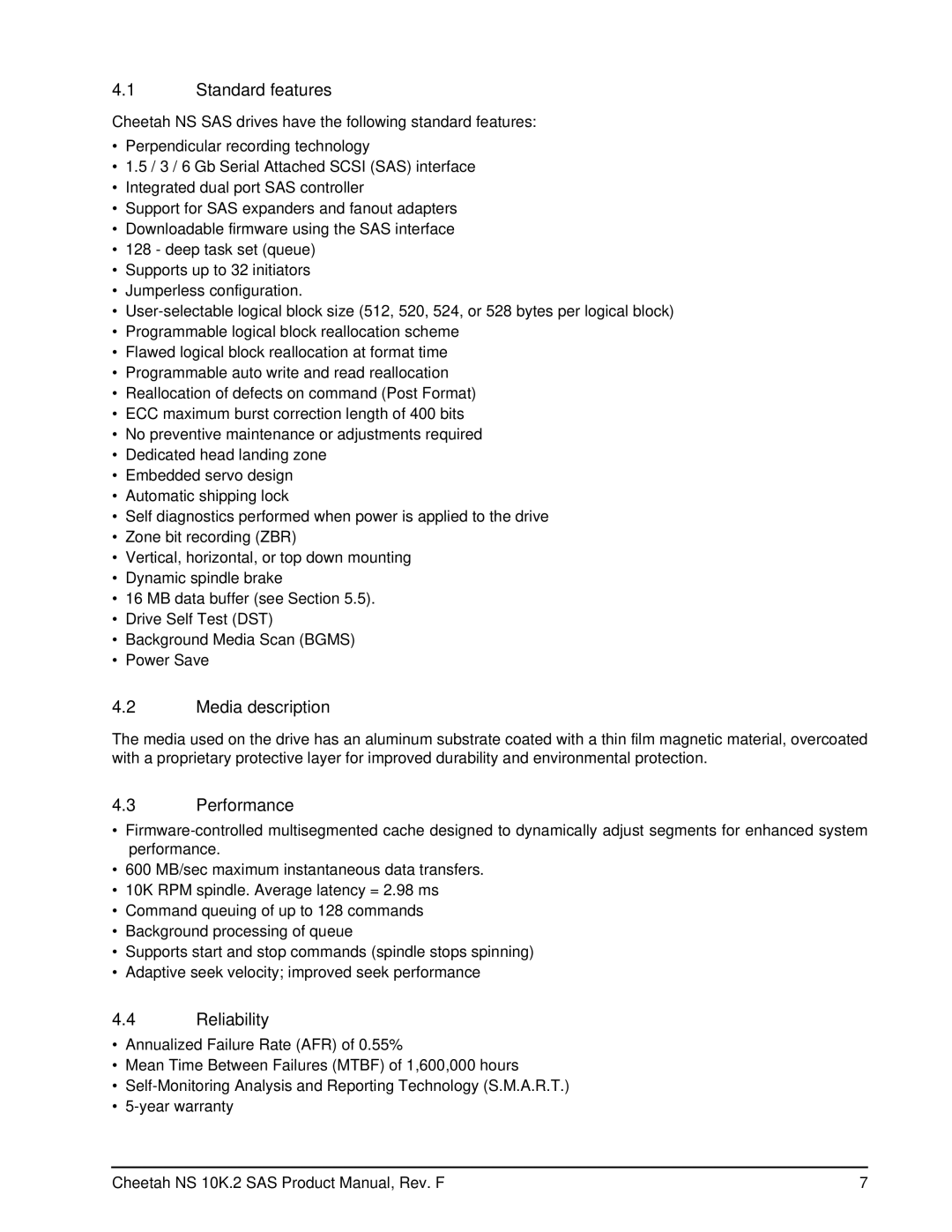 Seagate ST3600002SS, ST3450802SS manual Standard features, Media description, Performance, Reliability 