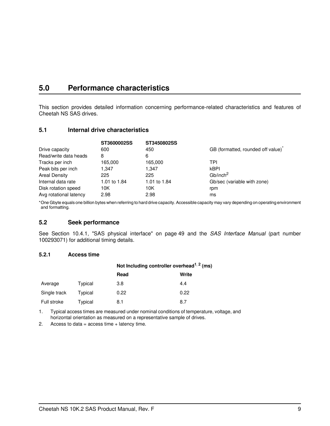 Seagate ST3600002SS manual Performance characteristics, Internal drive characteristics, Seek performance, Access time 