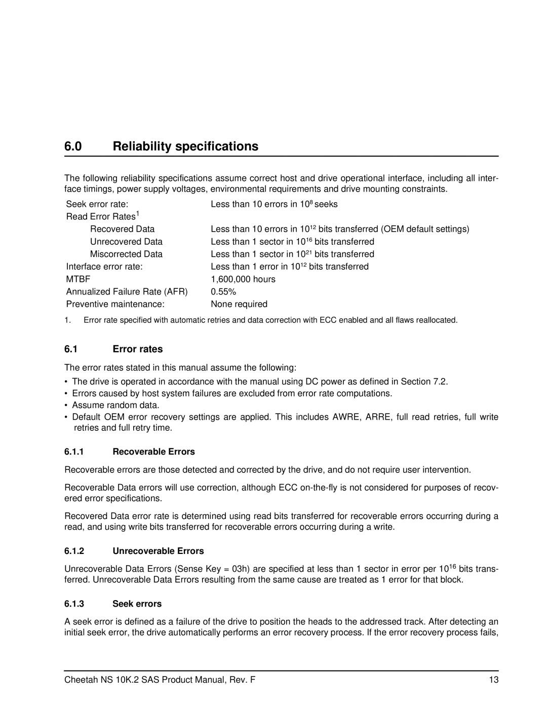 Seagate ST3600002SS manual Reliability specifications, Error rates, Recoverable Errors, Unrecoverable Errors, Seek errors 